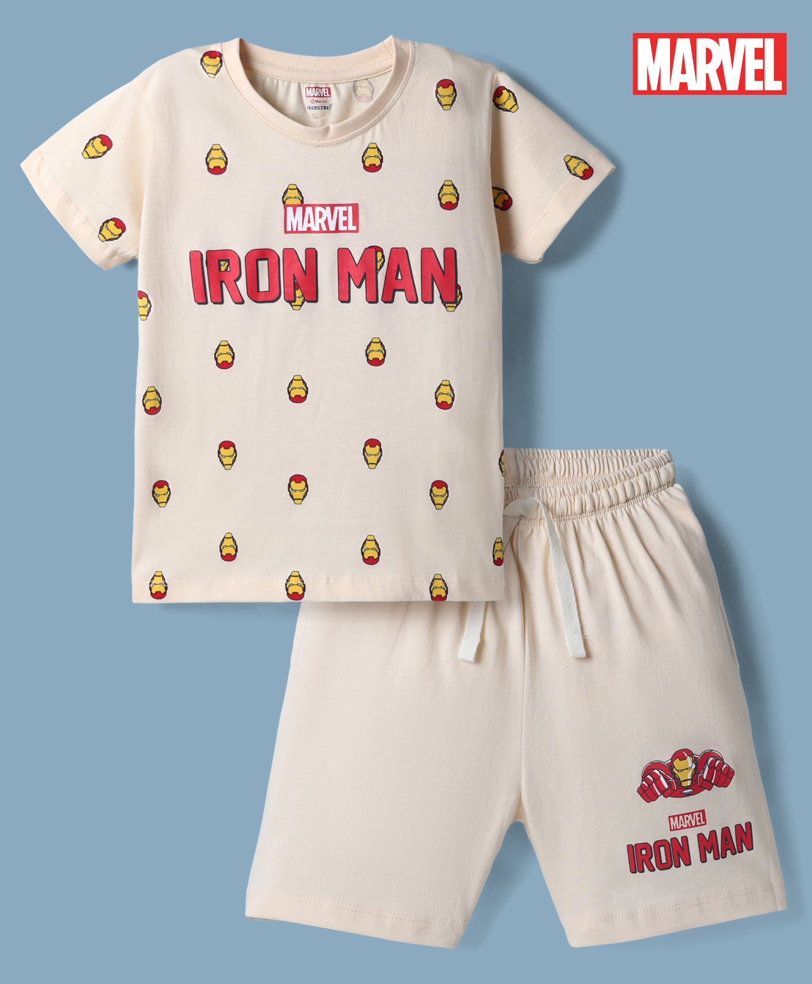 CUCUMBER Sinker Knit Half Sleeves T-Shirt & Shorts Set with Iron Man Print - Cream-image-3
