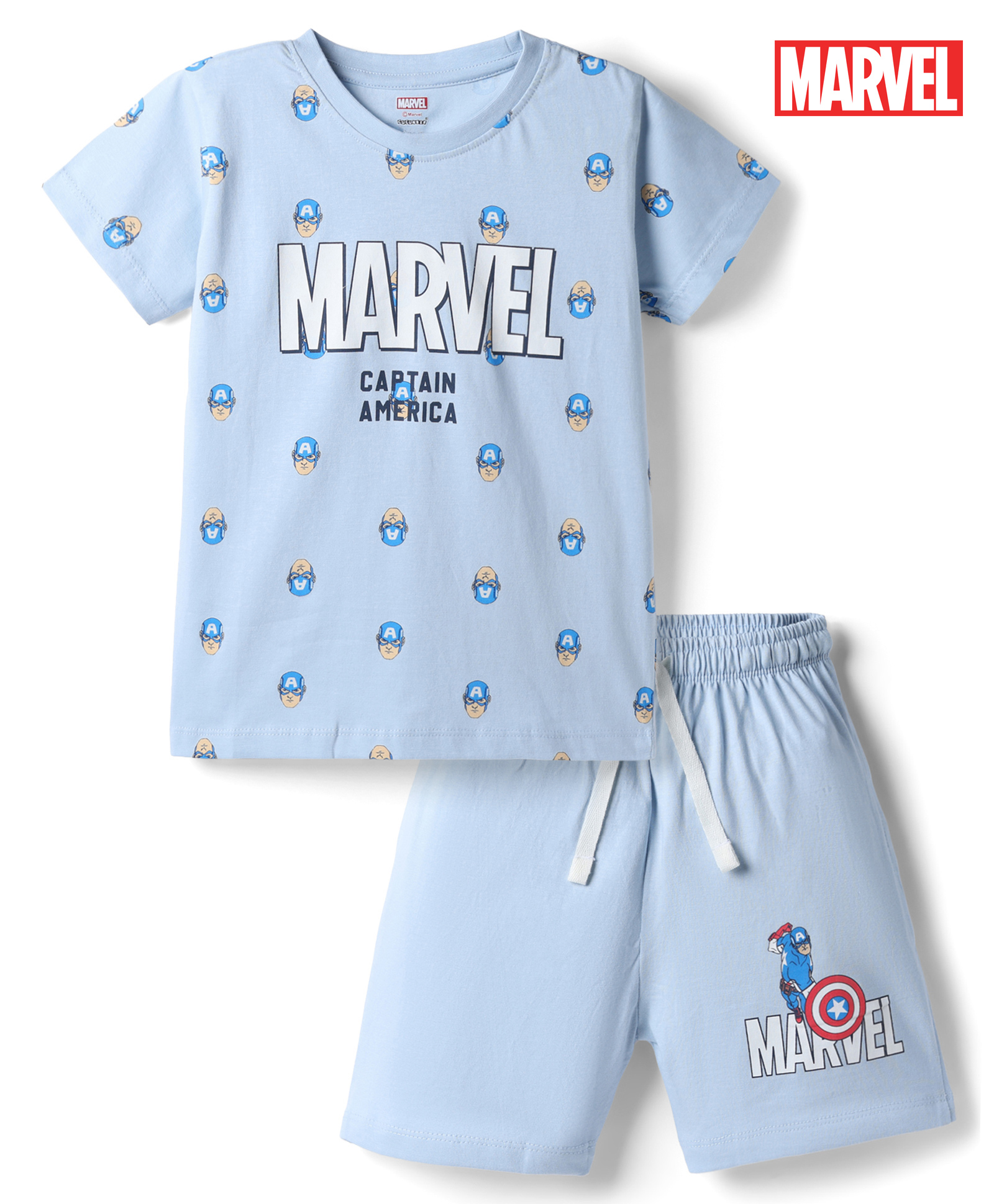 CUCUMBER Sinker Knit Half Sleeves T-Shirt & Shorts Set with Captain America Print - Light Blue-image-29