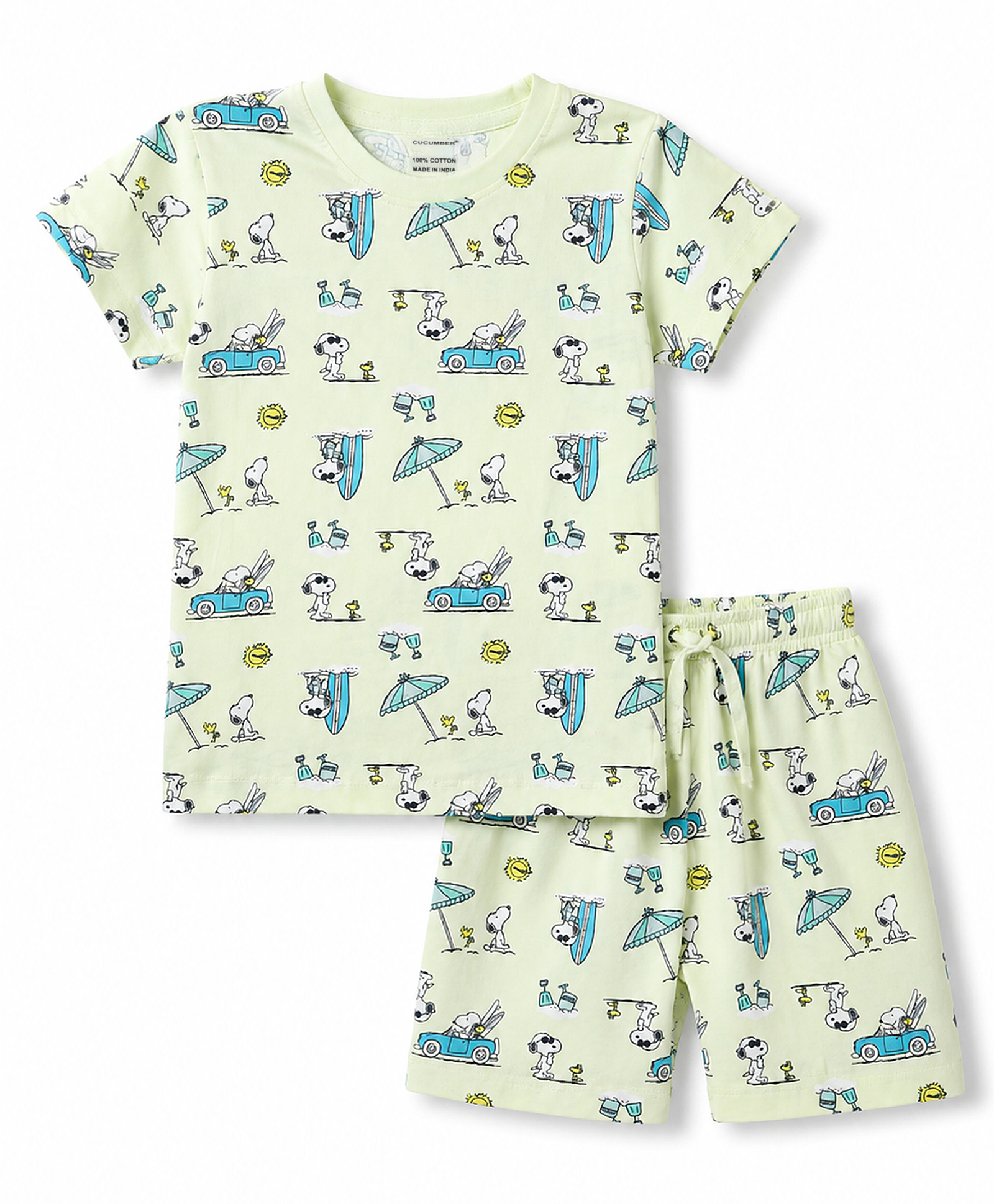 CUCUMBER Sinker Knit Half Sleeves Co-Ords Snoopy Printed T-Shirt & Shorts Night Suit - Light Green-image-49