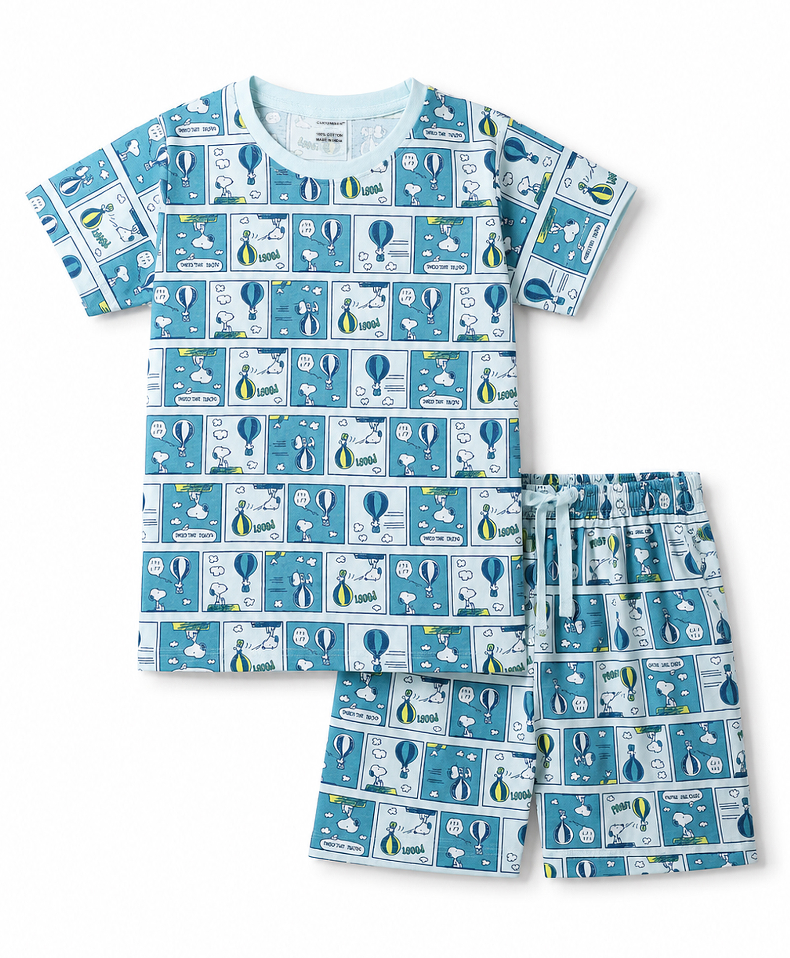 CUCUMBER Sinker Knit Half Sleeves Co-Ords Snoopy Printed T-Shirt & Shorts Night Suit - Light Blue-image-20