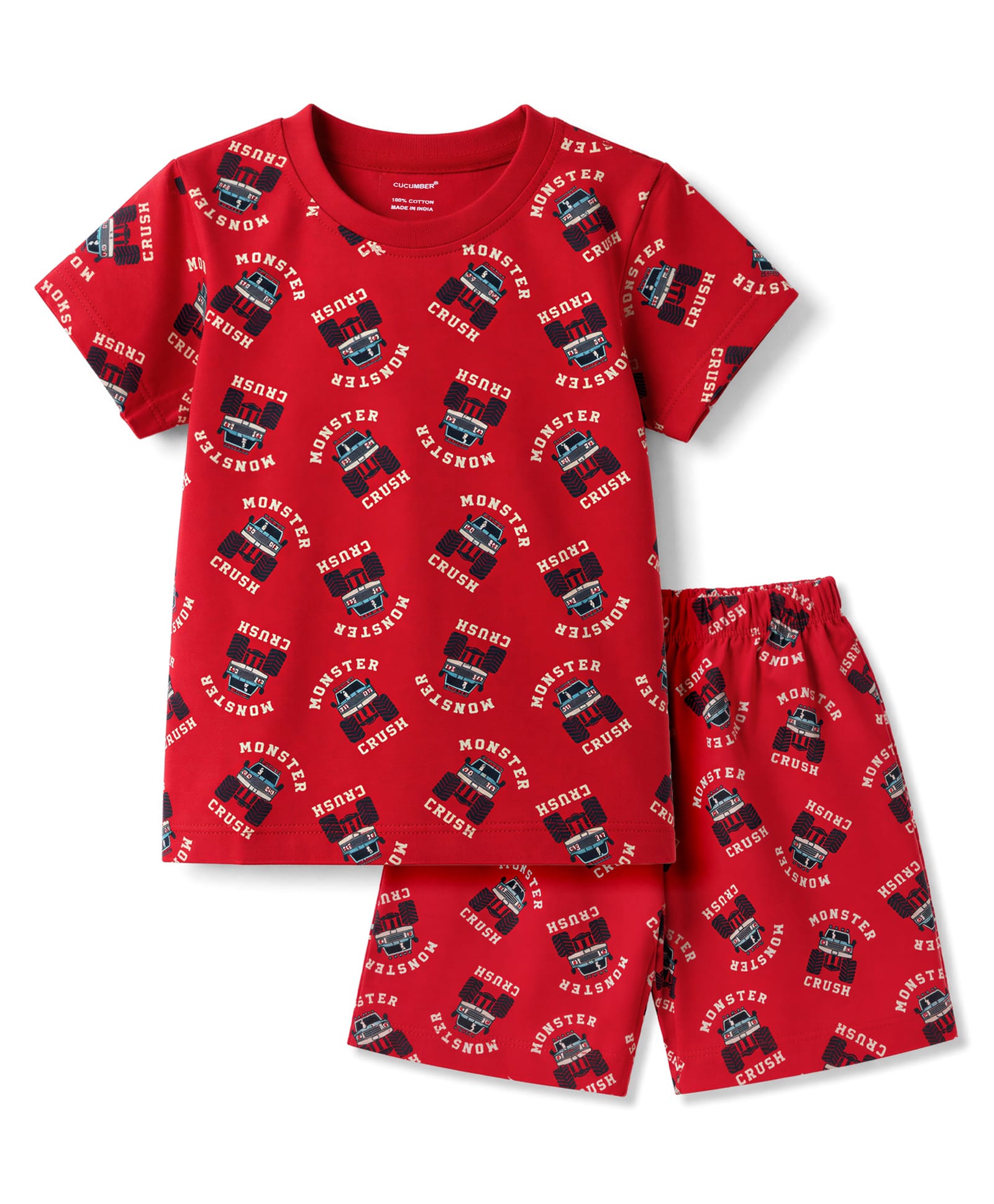 CUCUMBER Sinker Knit Half Sleeves Co-Ords Car Printed T-Shirt & Shorts Night Suit - Red-image-46