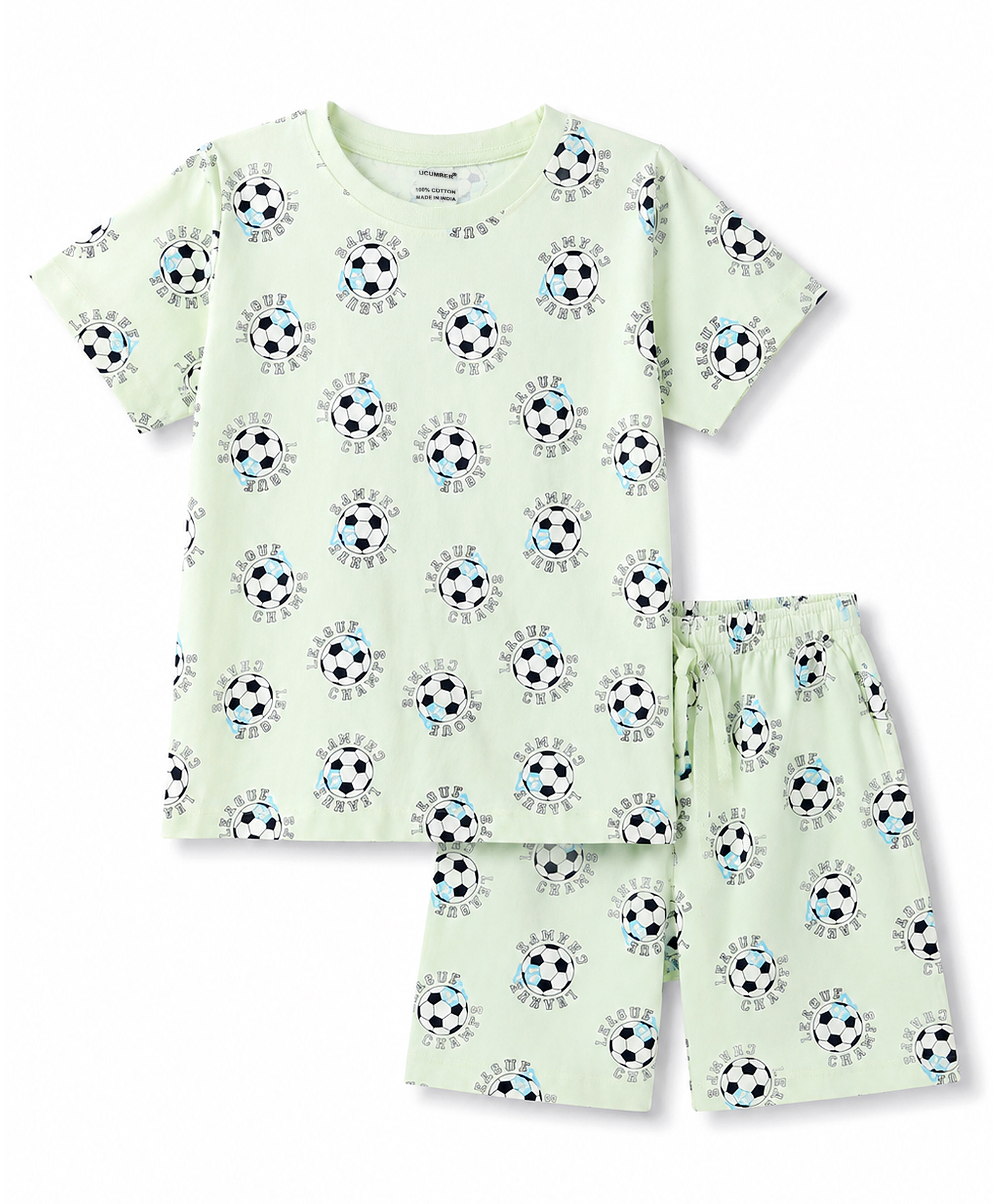 CUCUMBER Sinker Knit Half Sleeves Co-Ords T-shirt & Shorts Night Suit with Football Print - Light Green-picture-7