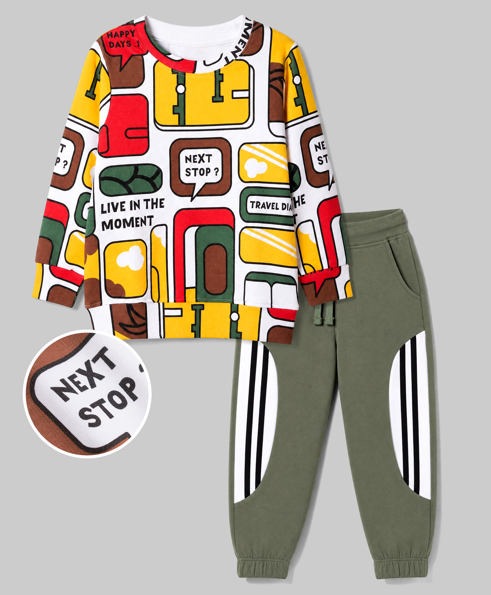 OLLINGTON ST. Cotton Looper Knit Full Sleeves Text Printed Winter Wear Suit - Yellow & Olive Green-picture-23