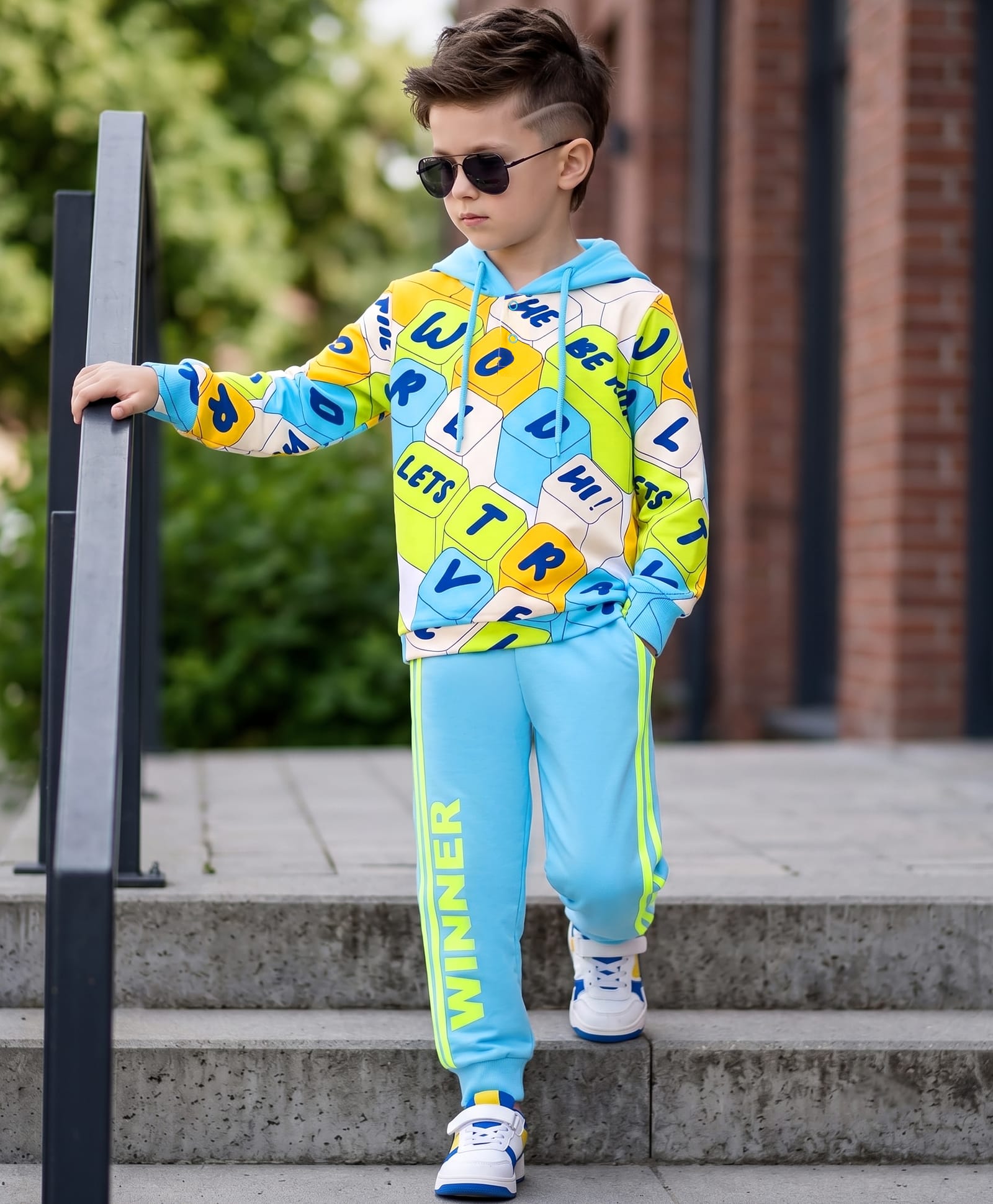 OLLINGTON ST. Cotton Knit Full Sleeves Text Printed Hooded Sweatshirt & Joggers Set - Light Blue & Lime Green-image-30
