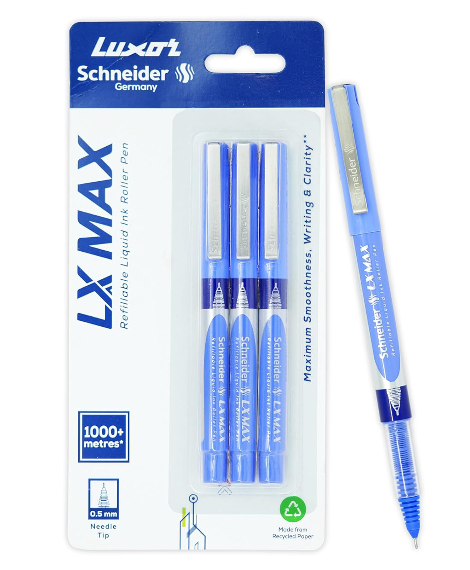Luxor Schneider LX MAX Roller Ball Pen Blue Pens with 0.5 mm Needle Tip & Waterproof Ink Pack of 3-image-23