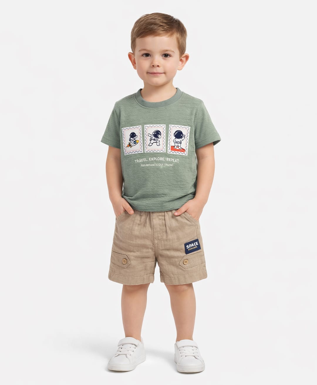 Nottie Planet Cotton Knit Half Sleeves Astronaut Printed Tee & Shorts Set - Sage green-image-28