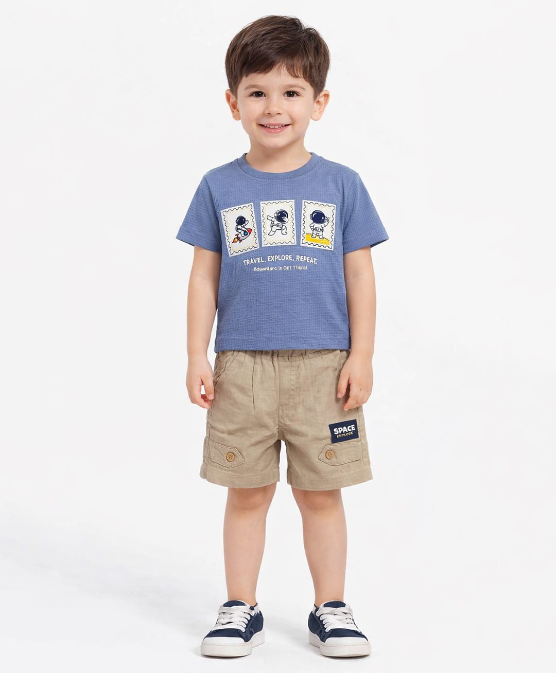 Nottie Planet Cotton Knit Half Sleeves Astronaut Printed Tee & Shorts Set - Steel Blue-image-31