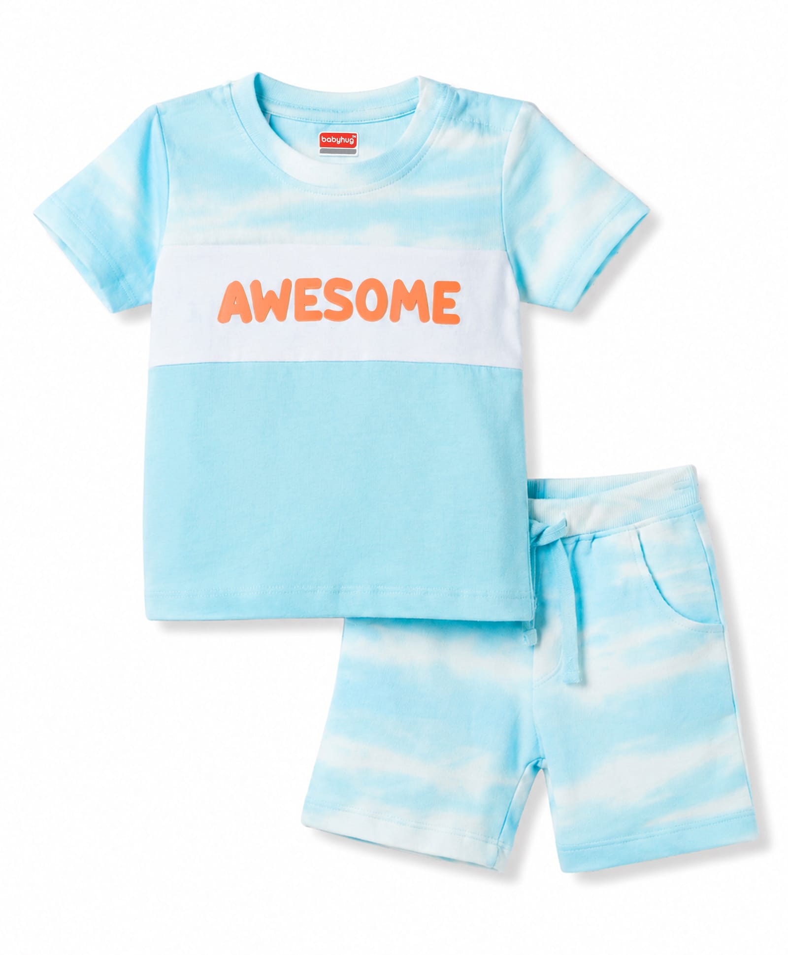Babyhug Single Jersey Knit Half Sleeves T-Shirt & Shorts With Text Print - Light Blue-picture-16