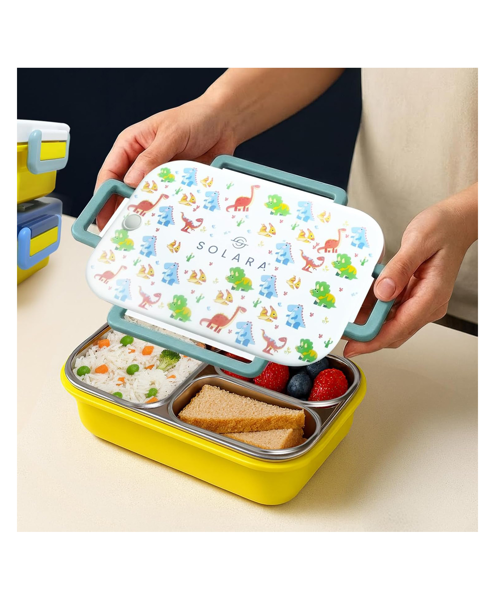 SOLARA Premium Stainless Steel Leak Proof Lunch Box with 3 Compartments Dino Print - White-image-38