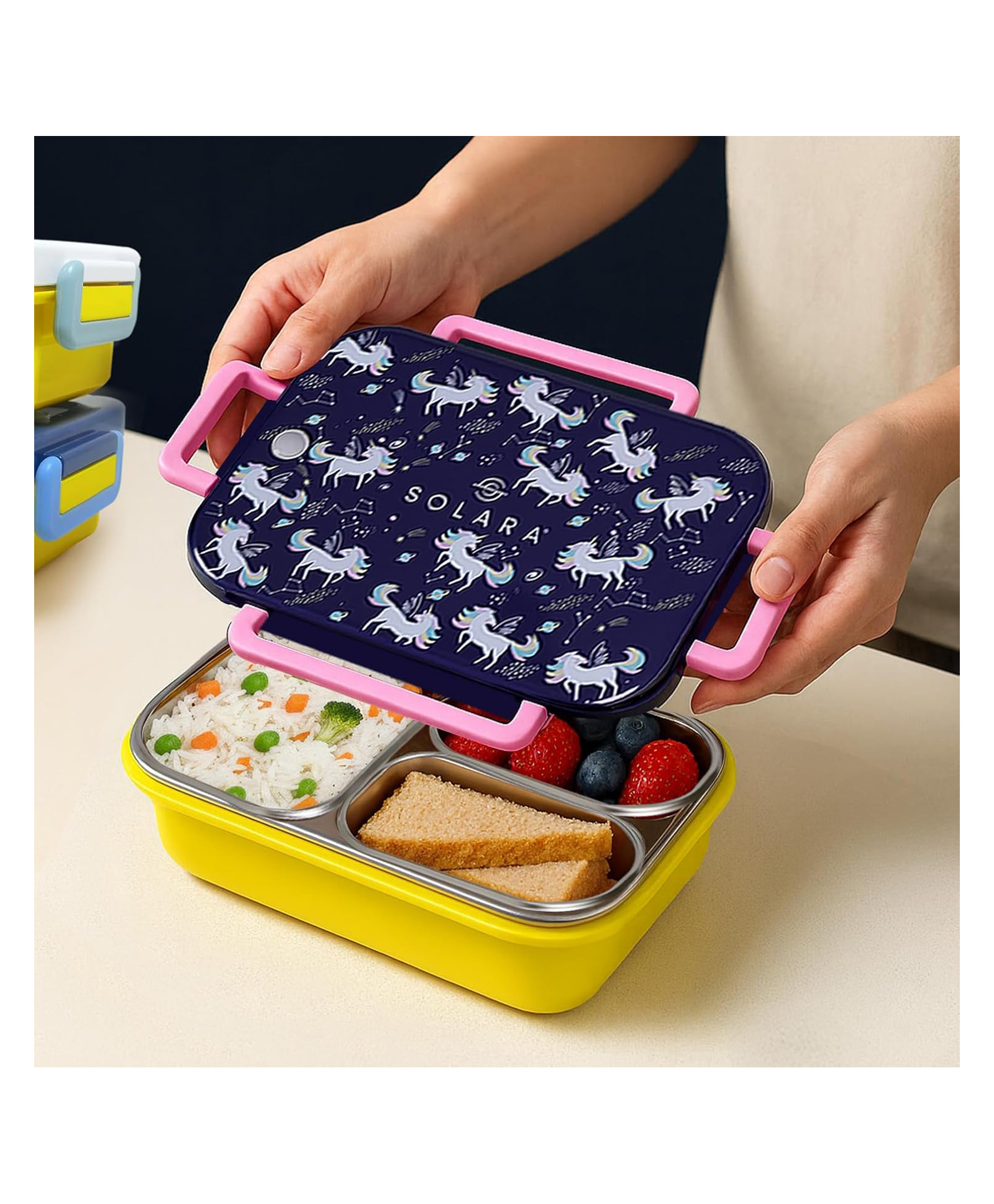 SOLARA Premium Stainless Steel Leak Proof Lunch Box with 3 Compartments Unicorn Print - Blue-image-27