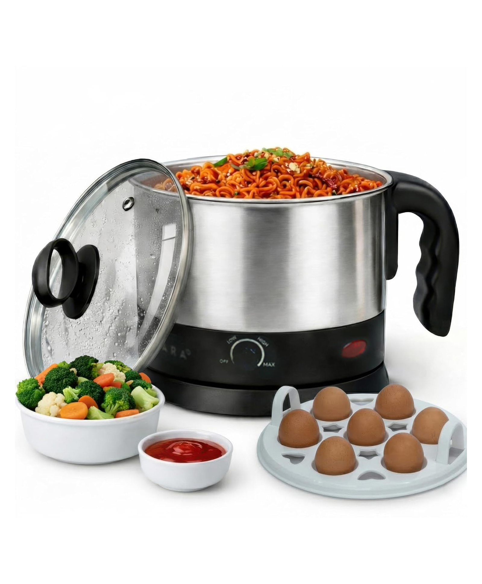 Solara Electric Kettle Multipurpose| 600 Watts |Stainless Steel Body With Glass Lid | 3 Boiling Modes Black - 1.5 Litre-image-2