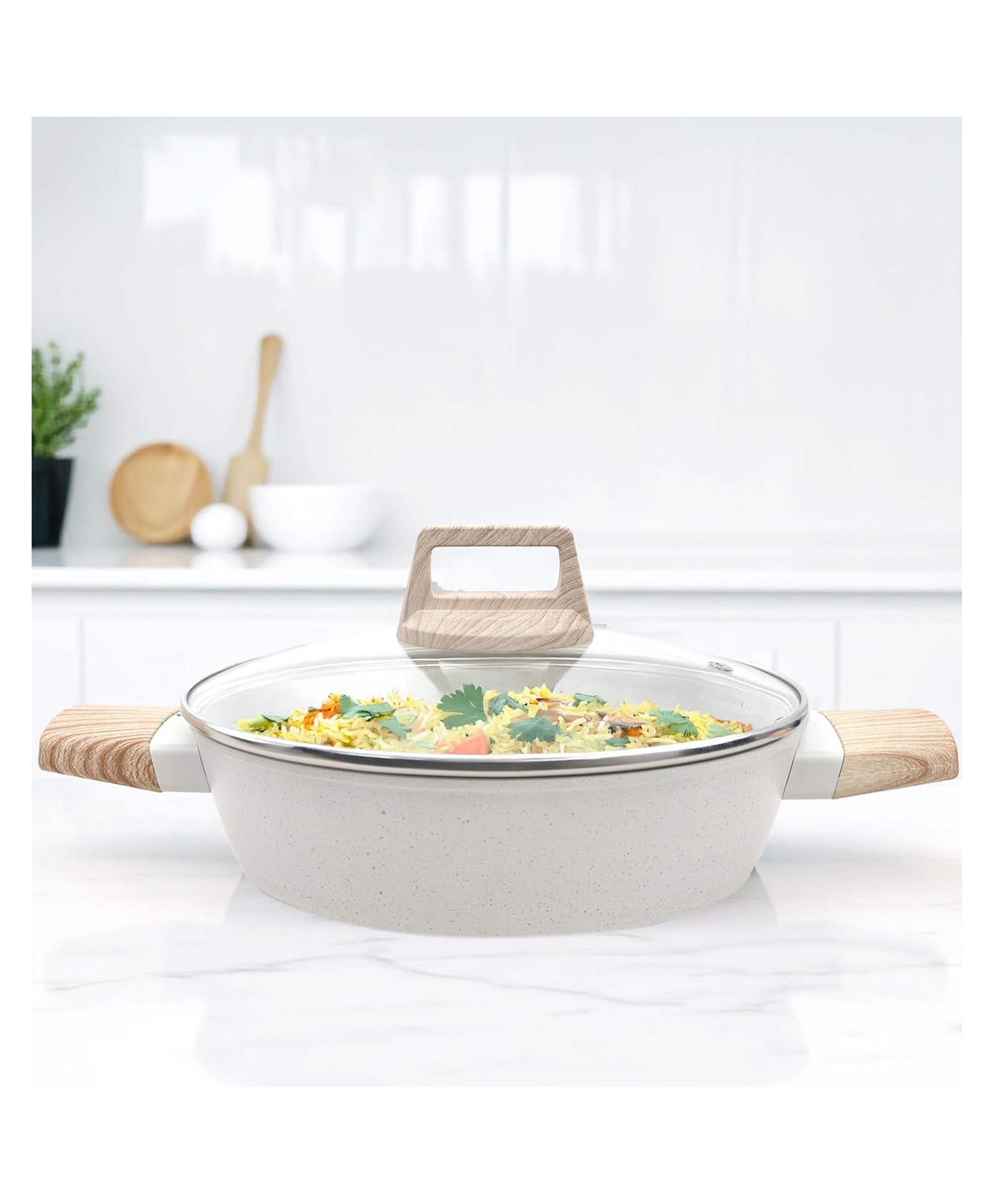 Solara Belmont 24 cm Ceramic Non Stick Kadai With Lid | Non Stick | Gas & Induction Compatible Ivory - 2.2 Litre-image-36