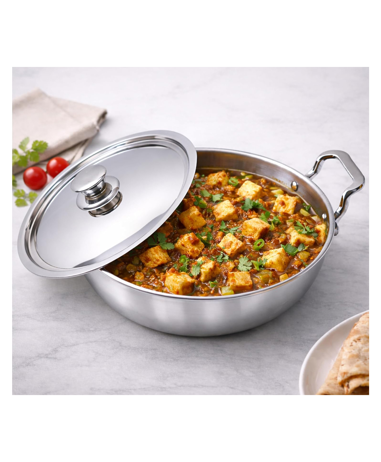Solara Sterra Stainless Steel Kadai/Kadhai with Lid, 22cm/8.6 inch, 2.3Ltr, Induction Base Friendly, 3-Layer Triply Thick Sandwich Bottom, 100% Toxin-Free-image-22