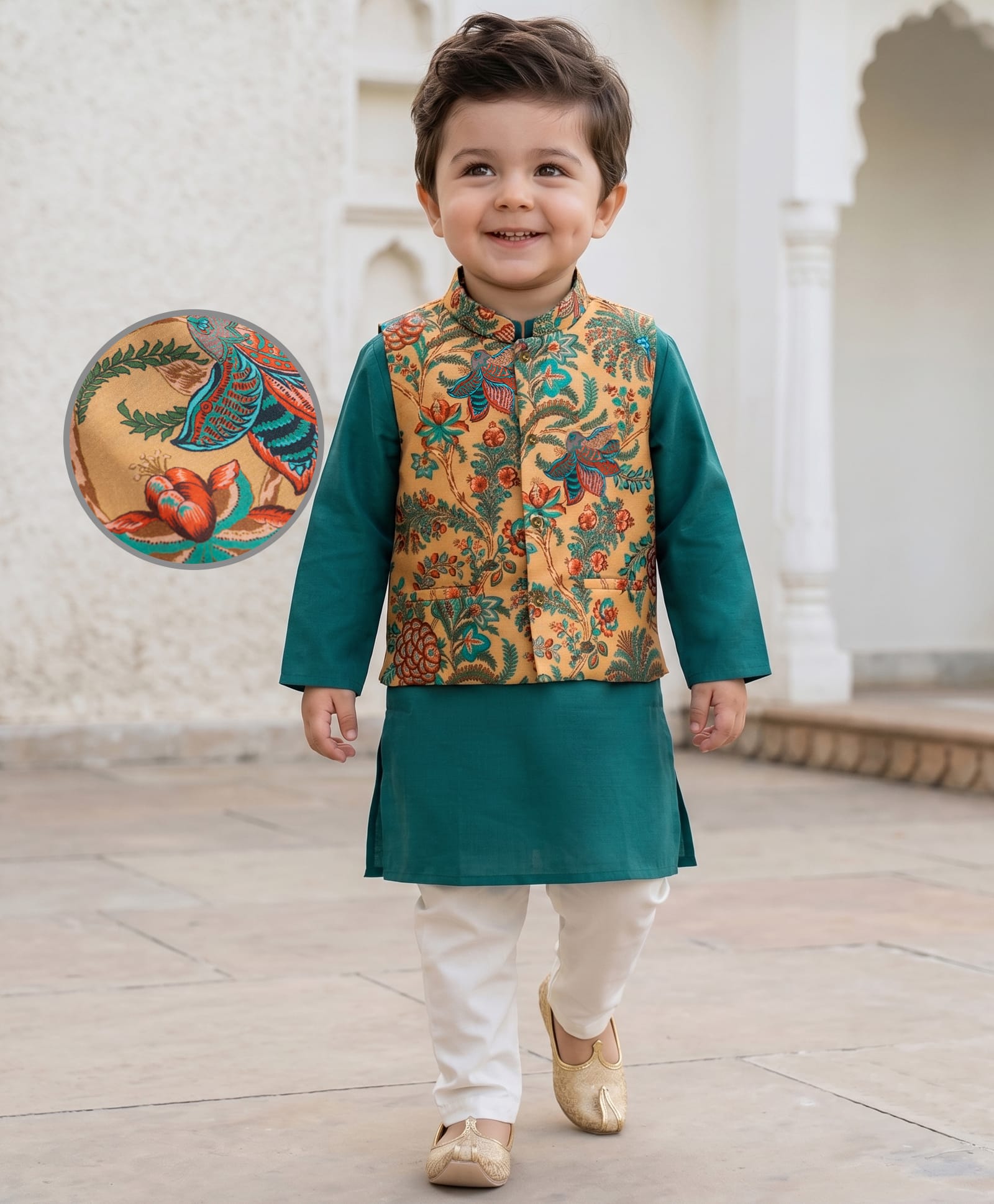 EARTHY TOUCH Cotton Woven Full Sleeves Solid Colour Kurta Pajama Set with Floral Printed Jacket - Green-image-12