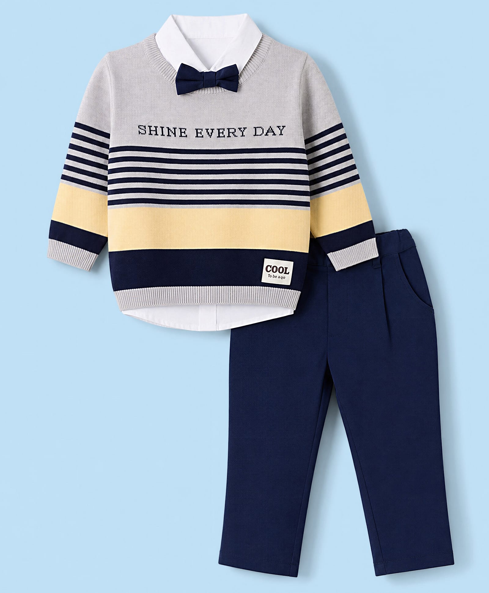 ToffyHouse Knitted Full Sleeves Striped Sweater, Shirt & Pant With Bow & Text Design - Navy Blue-image-24
