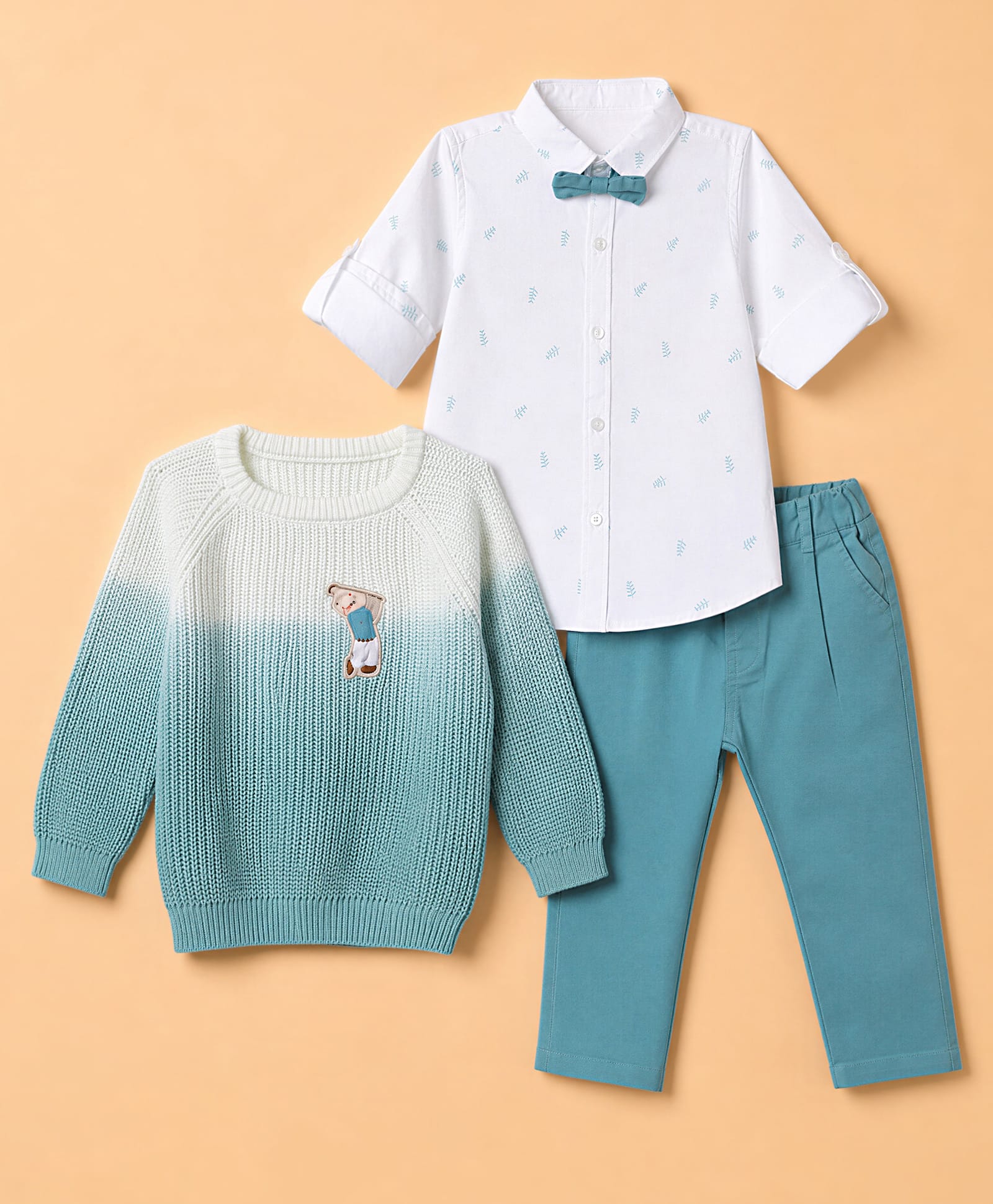 ToffyHouse Knitted Full Sleeves Party Suit With Bow & Teddy Bear Patch - Teal Blue-picture-12