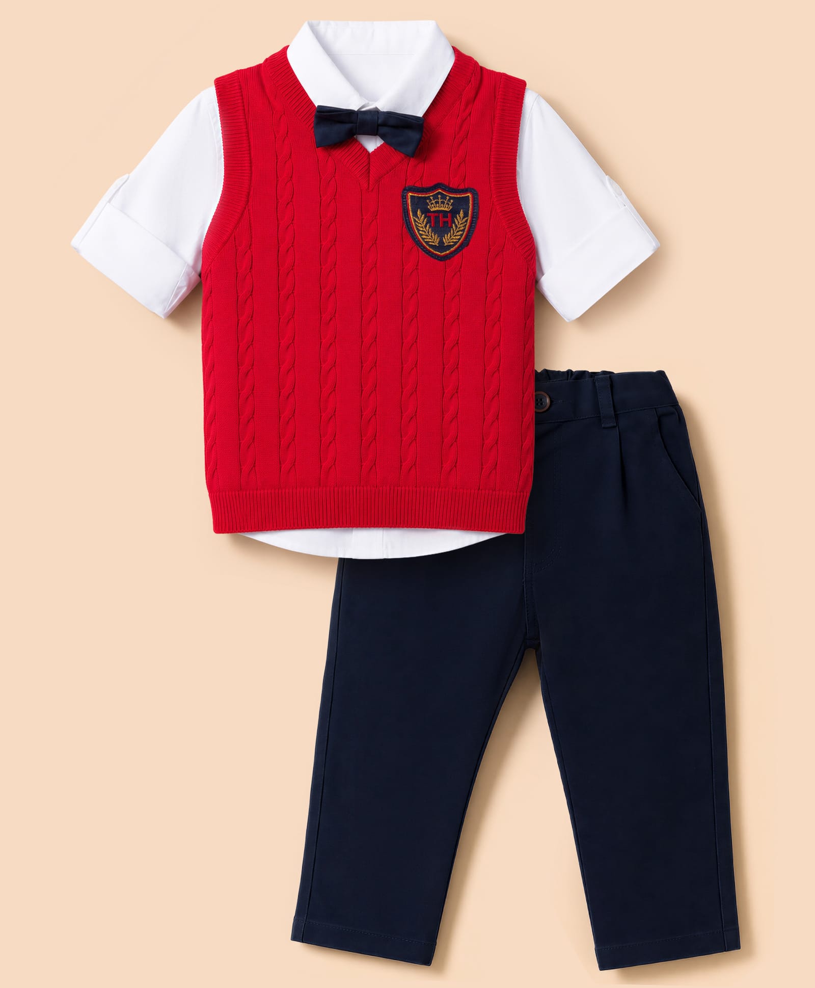 ToffyHouse Knitted Party Suits Full Sleeves With Bow & Patch - Navy Blue & Red-image-1