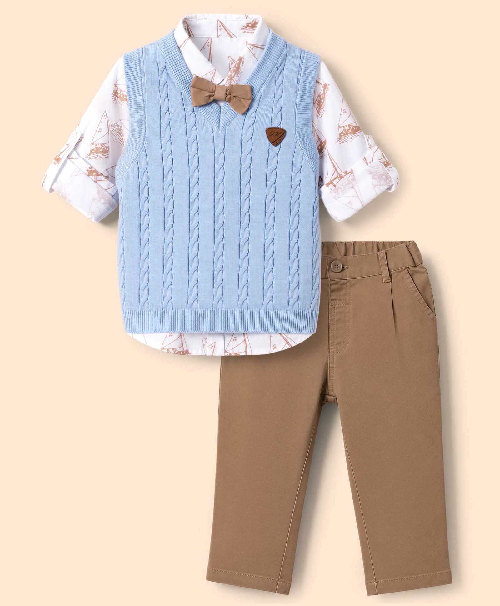 ToffyHouse Knitted Party Suits Full Sleeves With Bow & Patch - Light Blue & Tan-image-0