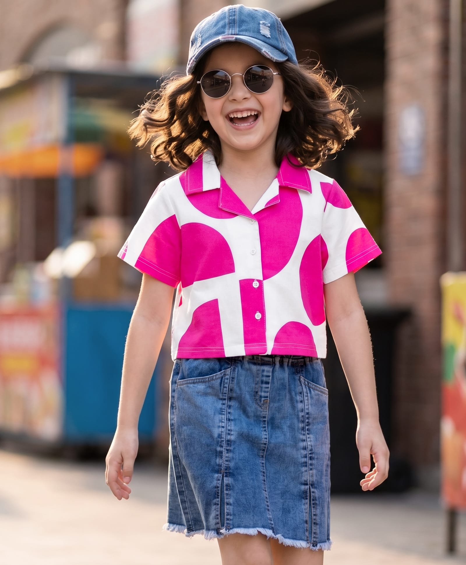 OLLINGTON ST. Set of Cotton Knit Printed Half Sleeves Top & Denim Skirt Set - Multicolour Blue & Pink-image-36