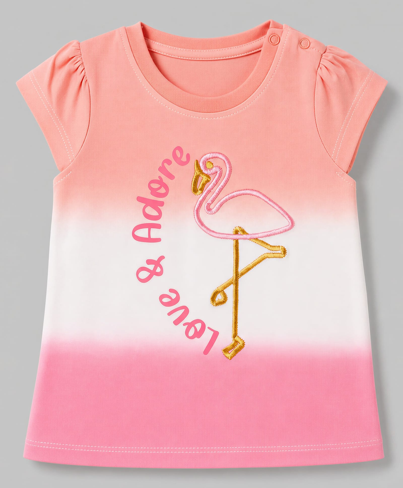Babyoye Single Jersey Knit Half Sleeves T-Shirt with Flamingo Embroidery & Love & Adore Text Print - Pink-image-8