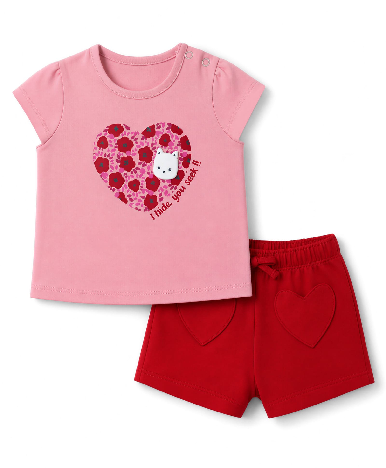 Babyoye Cotton Knit Half Sleeves T-Shirt & Shorts with Heart Print & Patch - Pink & Red-image-41