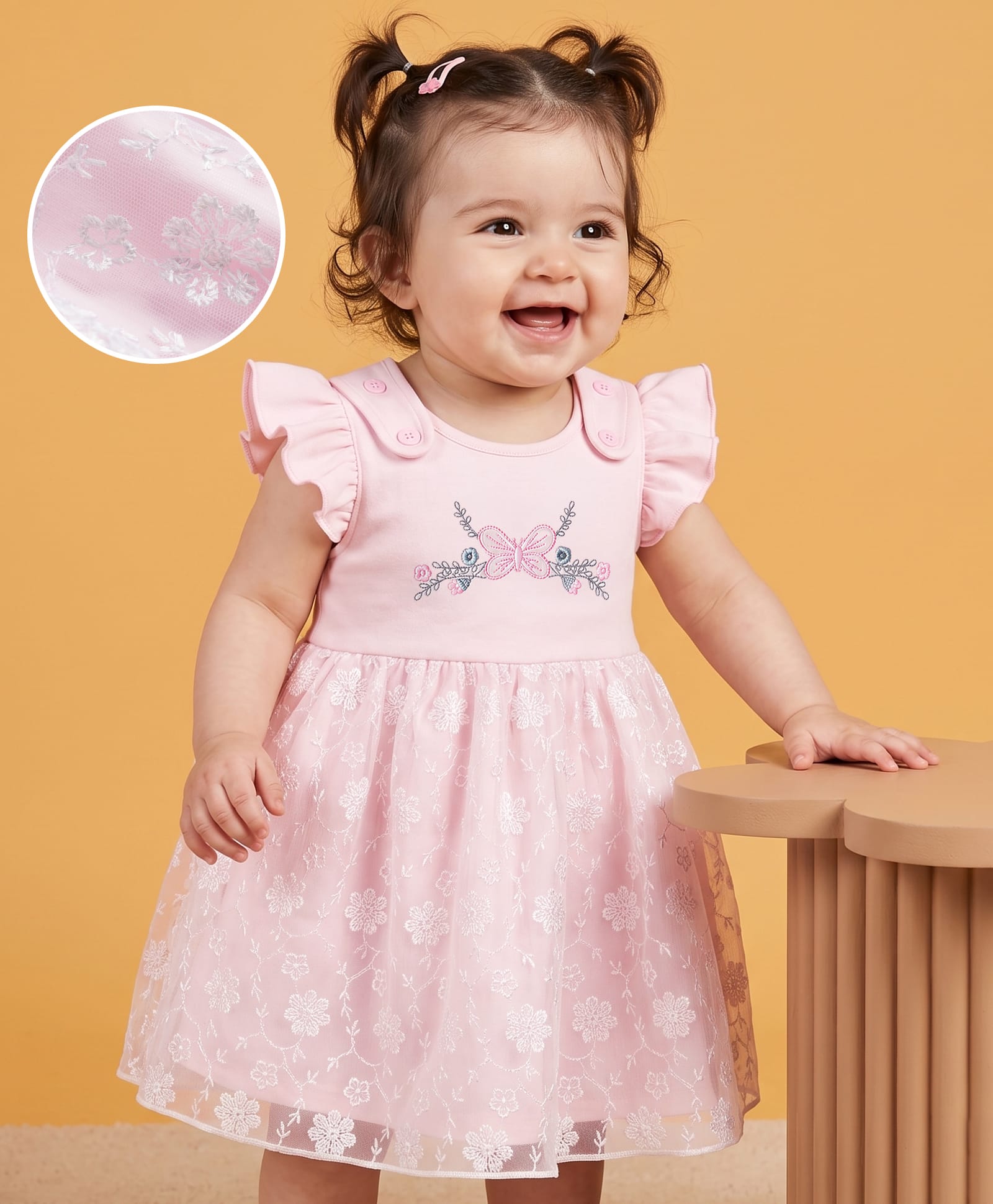 Babyoye Interlock Knit Half Frill Sleeves Floral & Butterfly Embroidered Party Dress- Pink-picture-17
