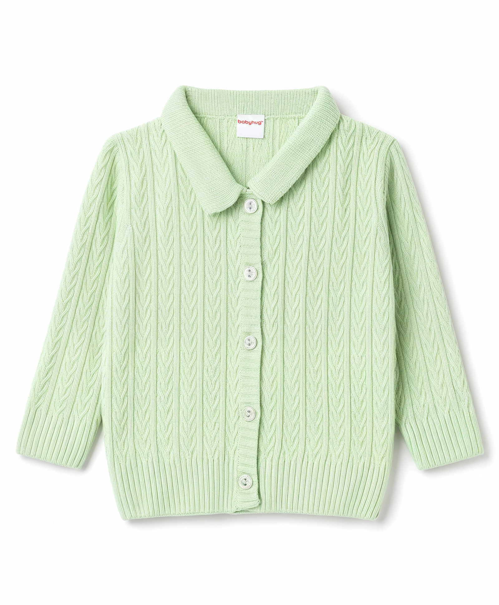 Babyhug Select Knit Full Sleeves Solid Colour Collar Neck Front Open Sweater with Cable Knit Design - Light Green-picture-23