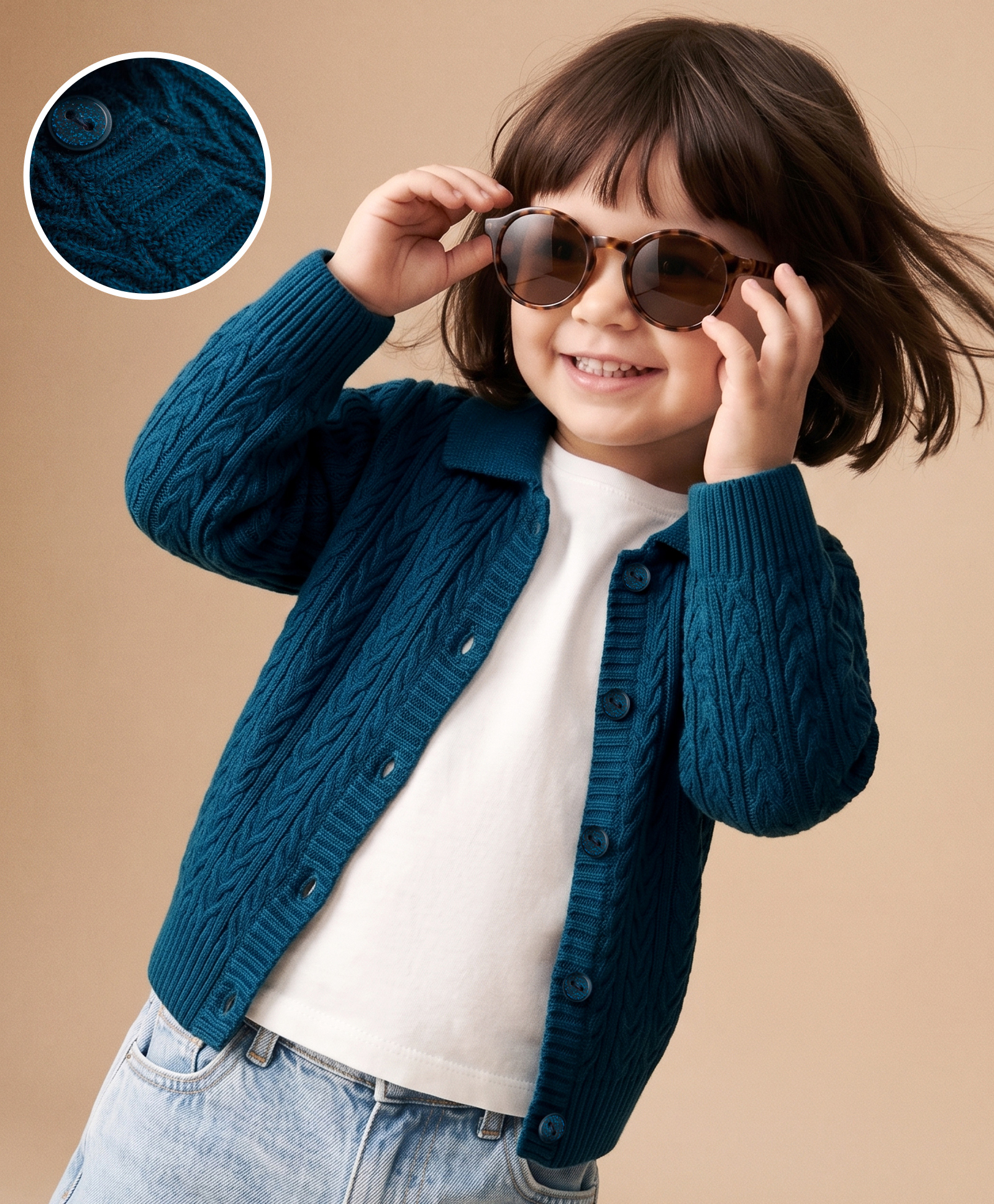 Babyhug Select Knit Full Sleeves Solid Colour Collar Neck Front Open Sweater with Cable Knit Design - Navy-picture-19
