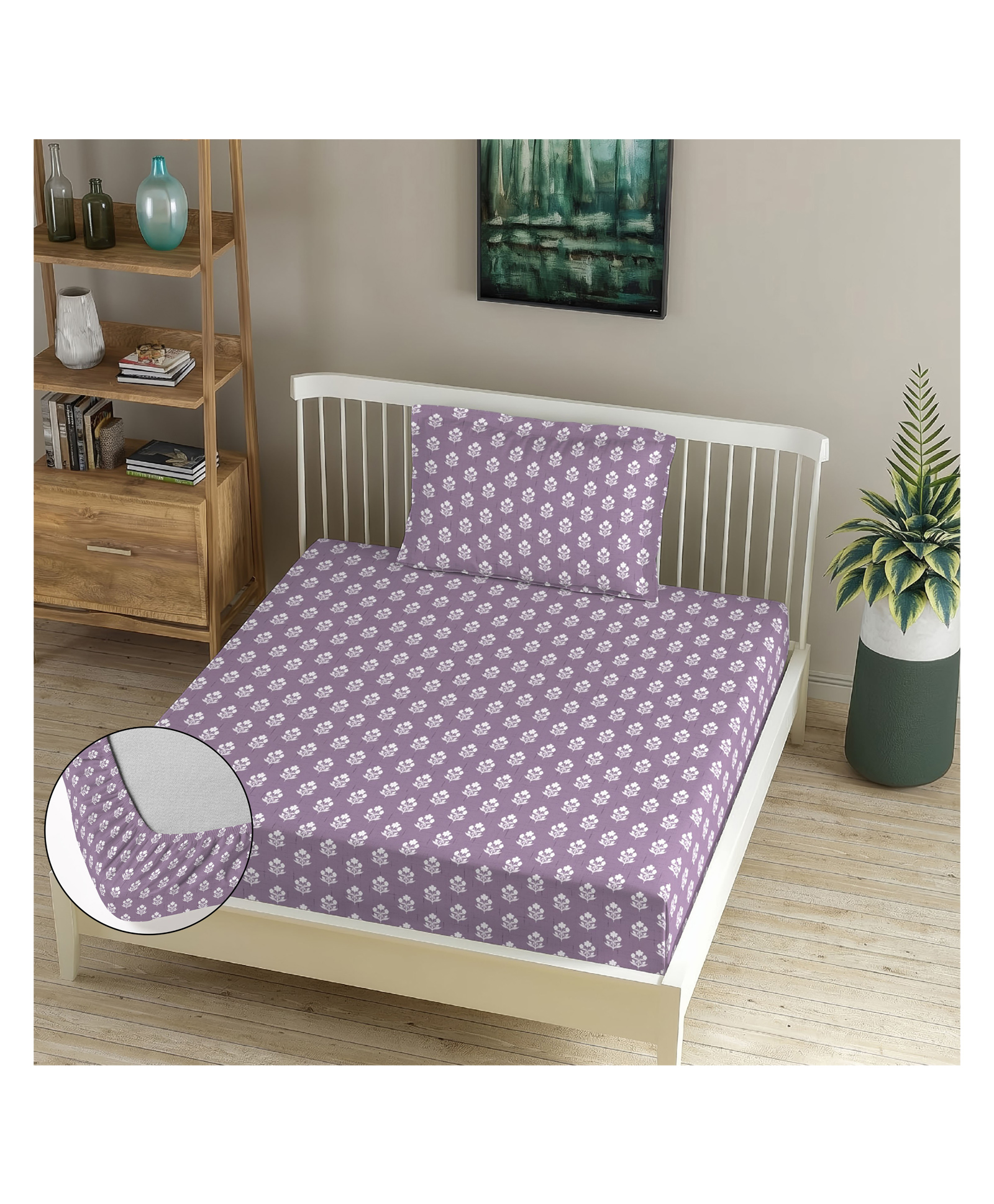 Morado Premium Glace Cotton Elastic Fitted Single Bedsheet with 1 Pillow Cover Purple Flowers-image-11