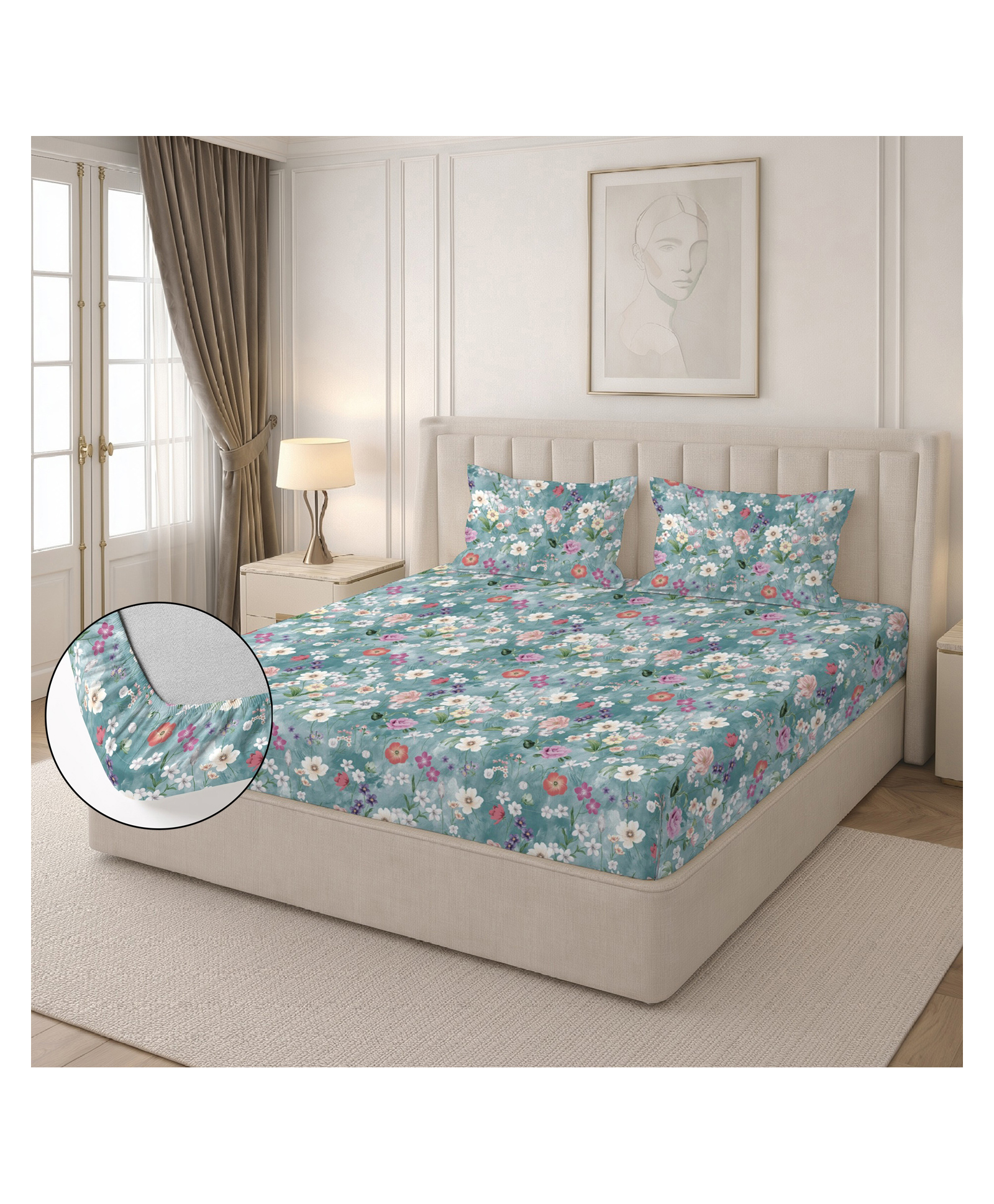 Morado Premium Glace Cotton Elastic Fitted Double Bedsheet with 2 Pillow Covers Blue Multi Flower - Blue-image-42