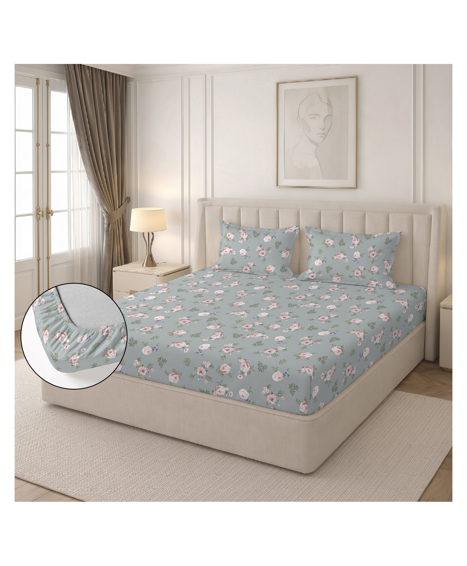 Morado Premium Glace Cotton Elastic Fitted Double Bedsheet with 2 Pillow Covers Grey Roses - Grey-image-34