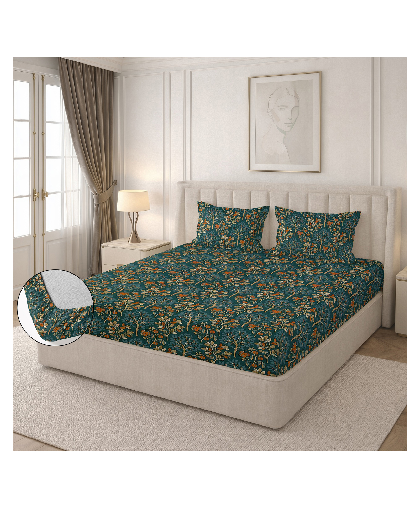 Morado Premium Glace Cotton Elastic Fitted Double Bedsheet with 2 Pillow Covers (72 x 78 x 8 Inches) Olive Tree - Olive-image-41