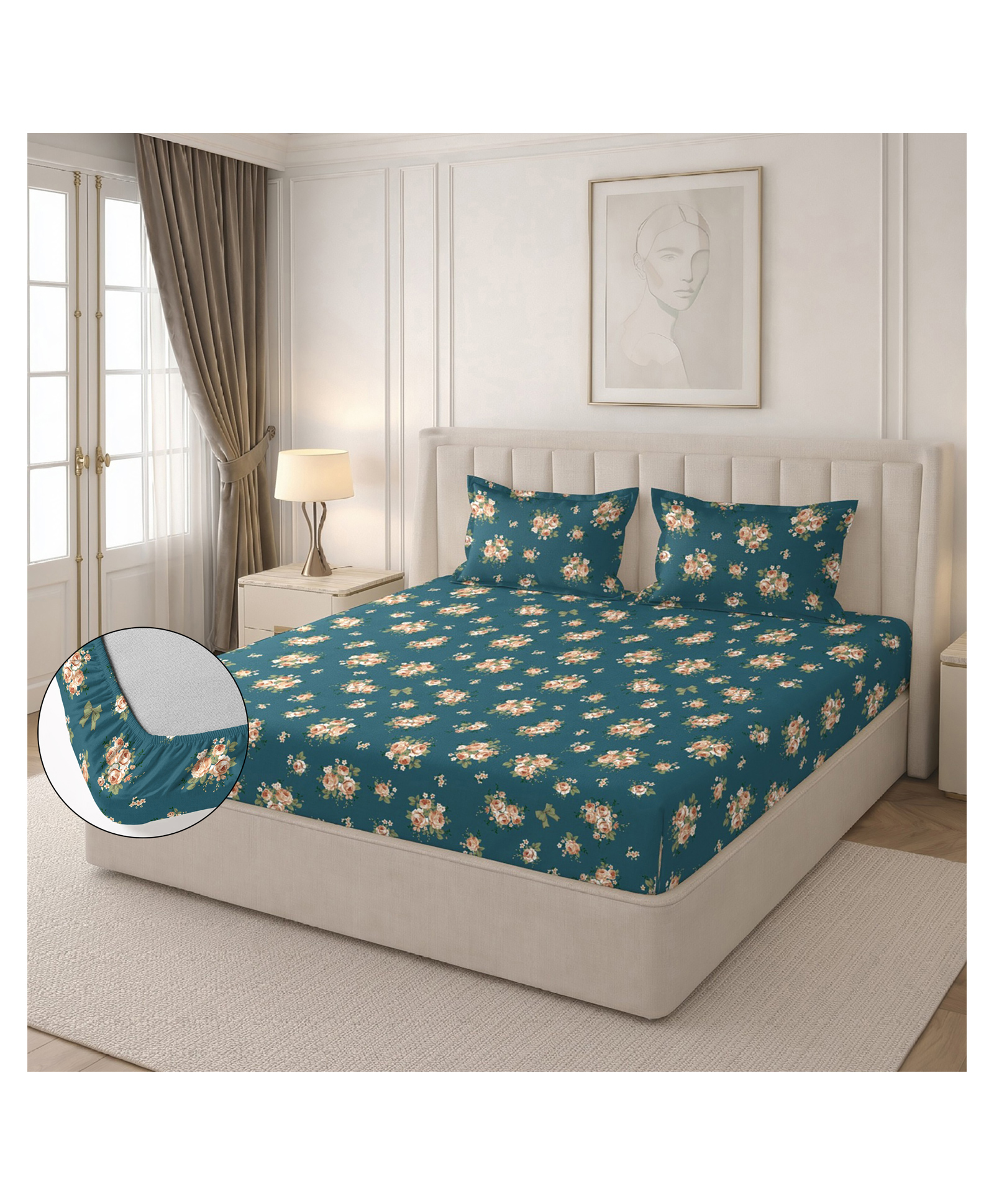 Morado Premium Glace Cotton Elastic Fitted Double Bedsheet with 2 Pillow Covers (72 x 78 x 8 Inches) Teal Roses - Teal-image-41