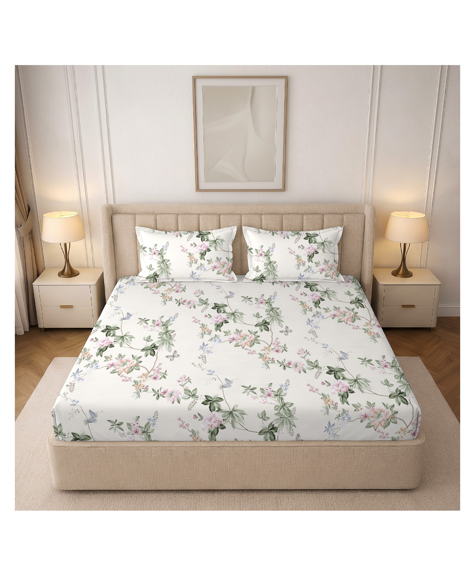 Morado Premium Glace Cotton Elastic Fitted Double Bedsheet with 2 Pillow Covers (72 x 78 x 8 Inches) Moon Flower - White-image-40