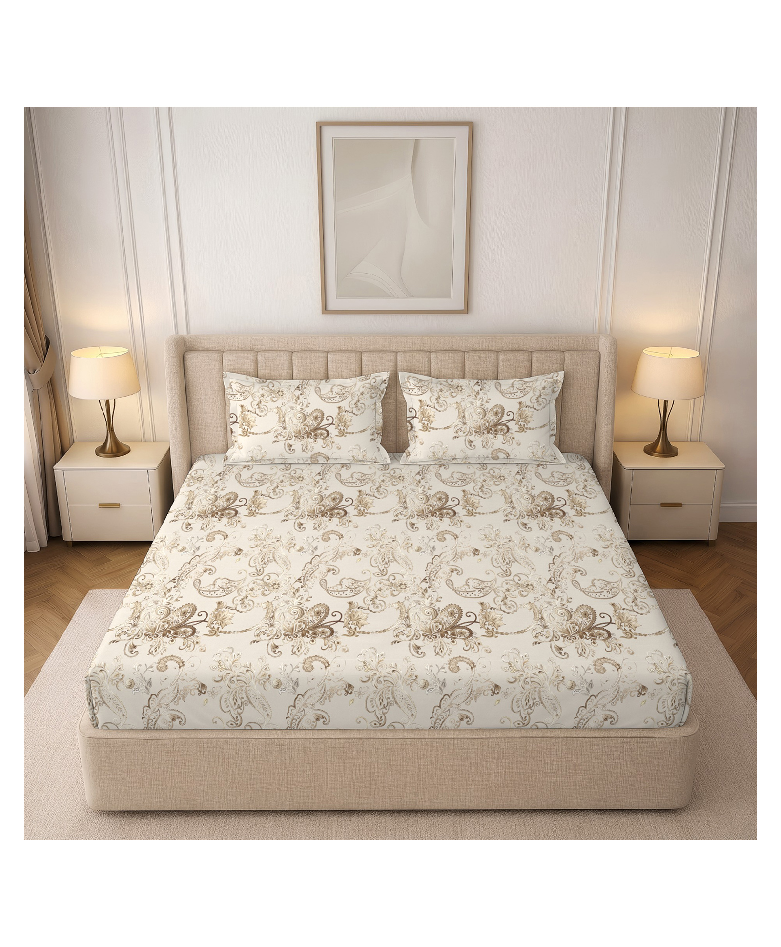 Morado Premium Glace Cotton Elastic Fitted Double Bedsheet with 2 Pillow Covers (72 x 78 x 8 Inches) Traditional Design - Cream-image-42