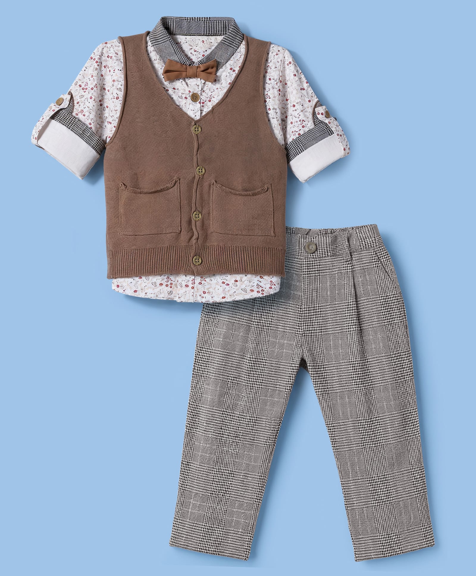 ToffyHouse Knit Winter Wear Full Sleeves Printed Shirt with Bow & Waistcoat, Trousers Set -Brown-image-45