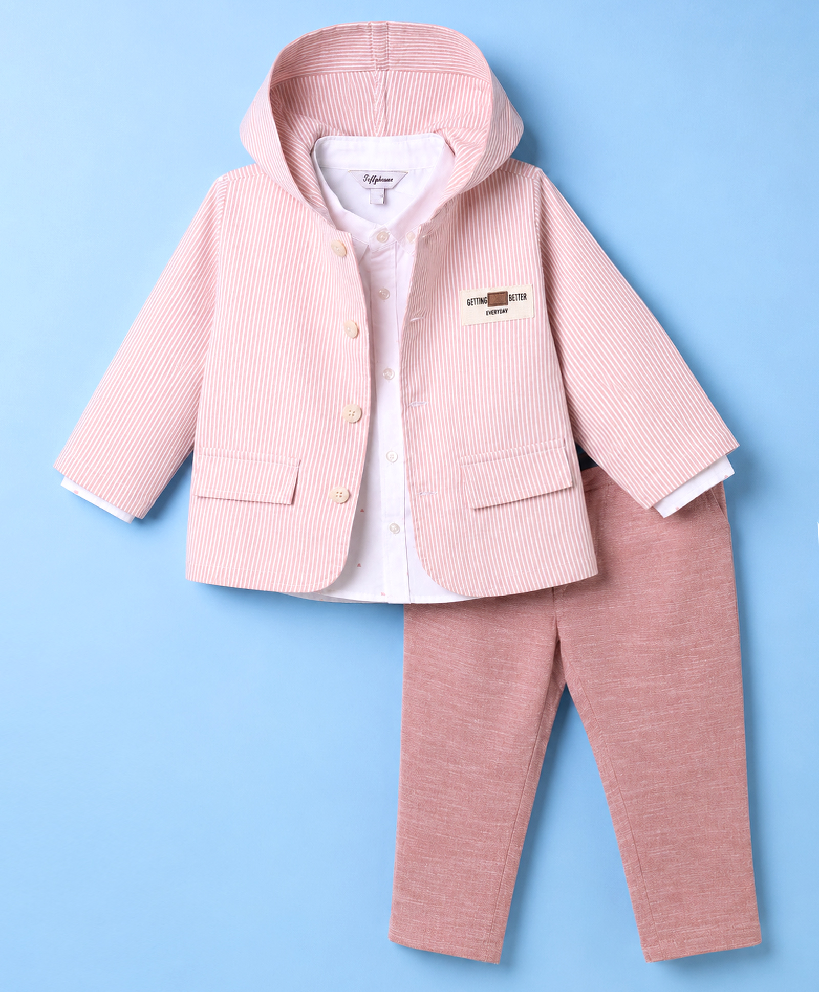ToffyHouse Poplin Woven Full Sleeves Striped Hooded Shirt & Pant Set - Light Pink-image-8