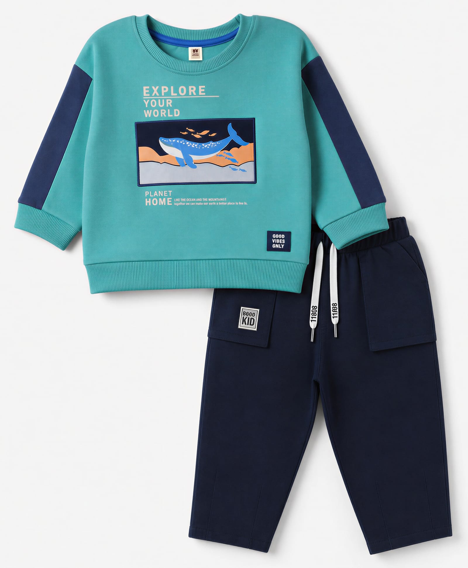 ToffyHouse Knit Full Sleeves Winter Wear Sweatshirt & Lounge Pant Set with Shark Print - Turquoise-image-10