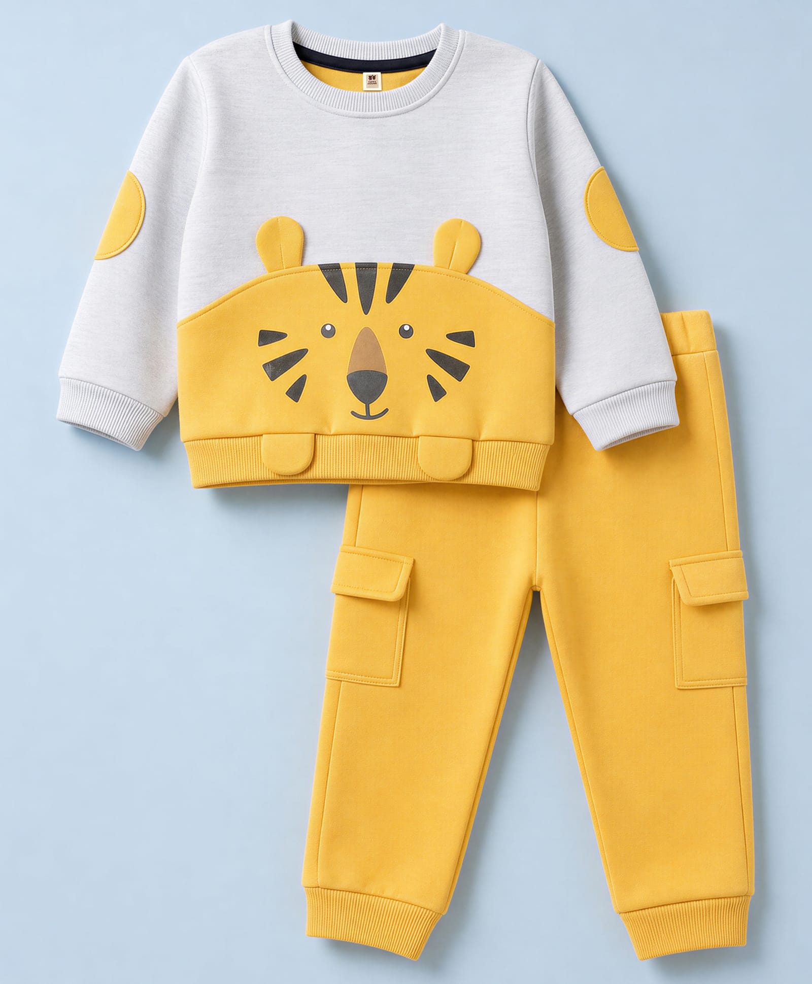 ToffyHouse Knit Full Sleeves Winter Wear Sweatshirt & Lounge Pant Set with Tiger Face Patch & Applique- Yellow-picture-26
