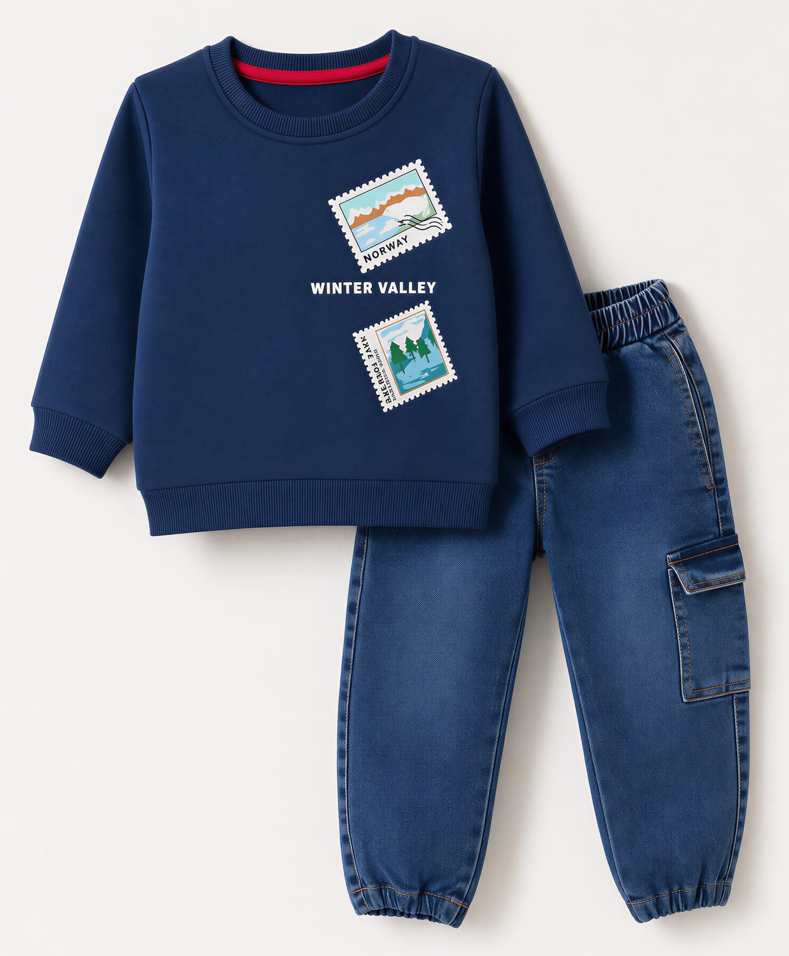 ToffyHouse Knit Full Sleeves T-Shirt & Jeans Winter Wear Suit with Landscape Print - Navy-image-4