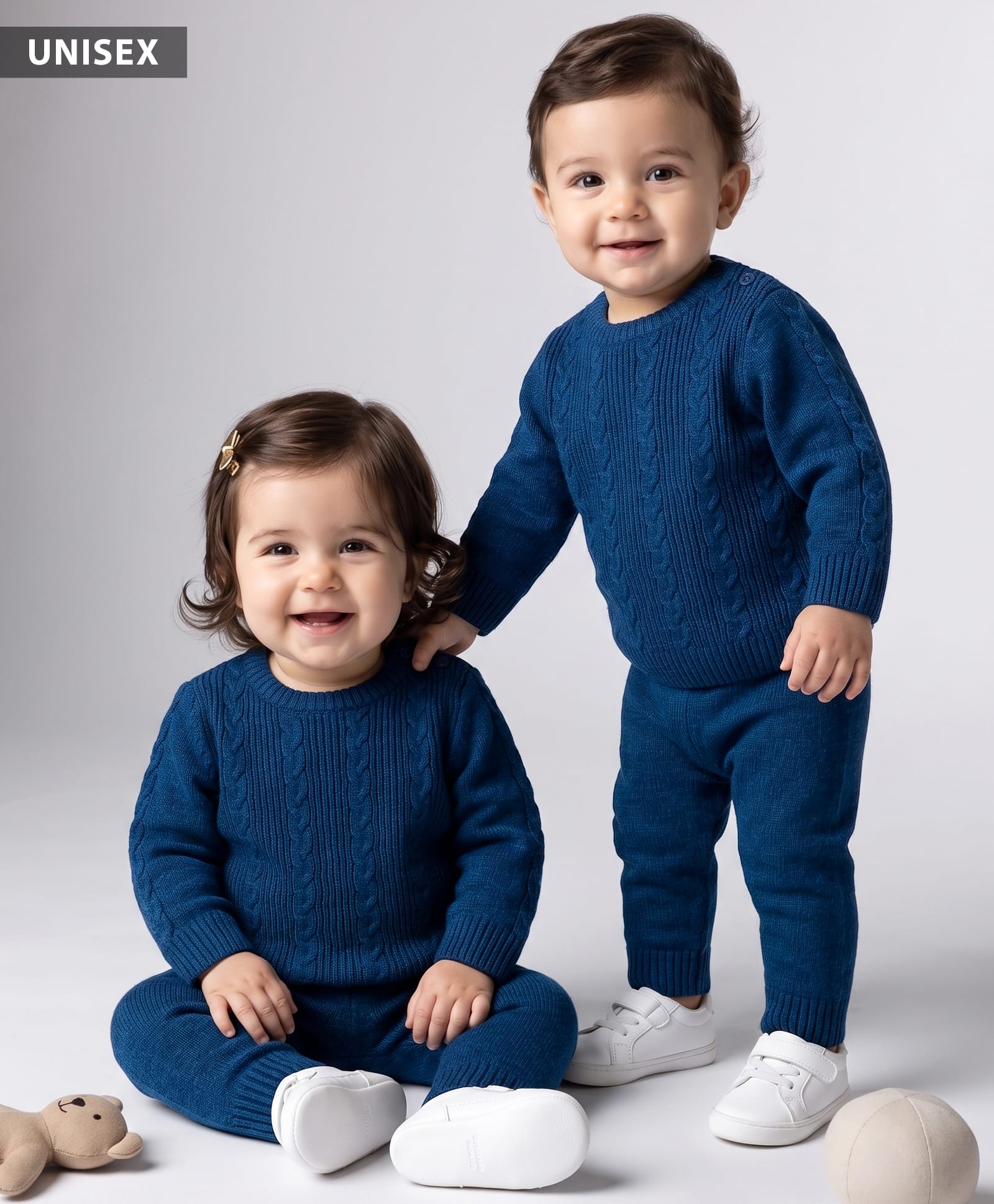 Babyhug Knit Full Sleeves Sweater Set With Cable Knit Design - Teal Blue-image-10