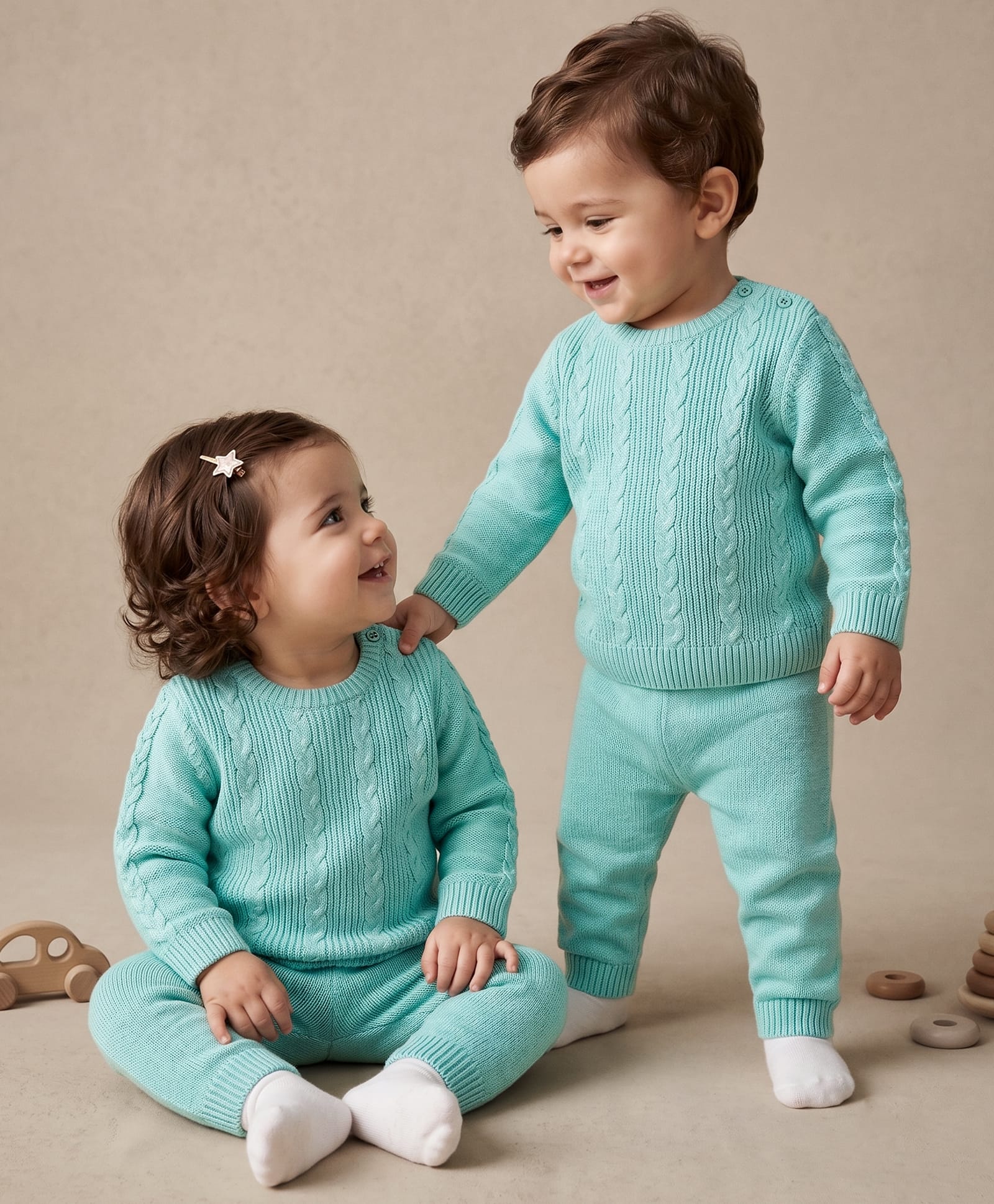 Babyhug Knit Full Sleeves Cable Design Sweater Set - Light Blue-image-0