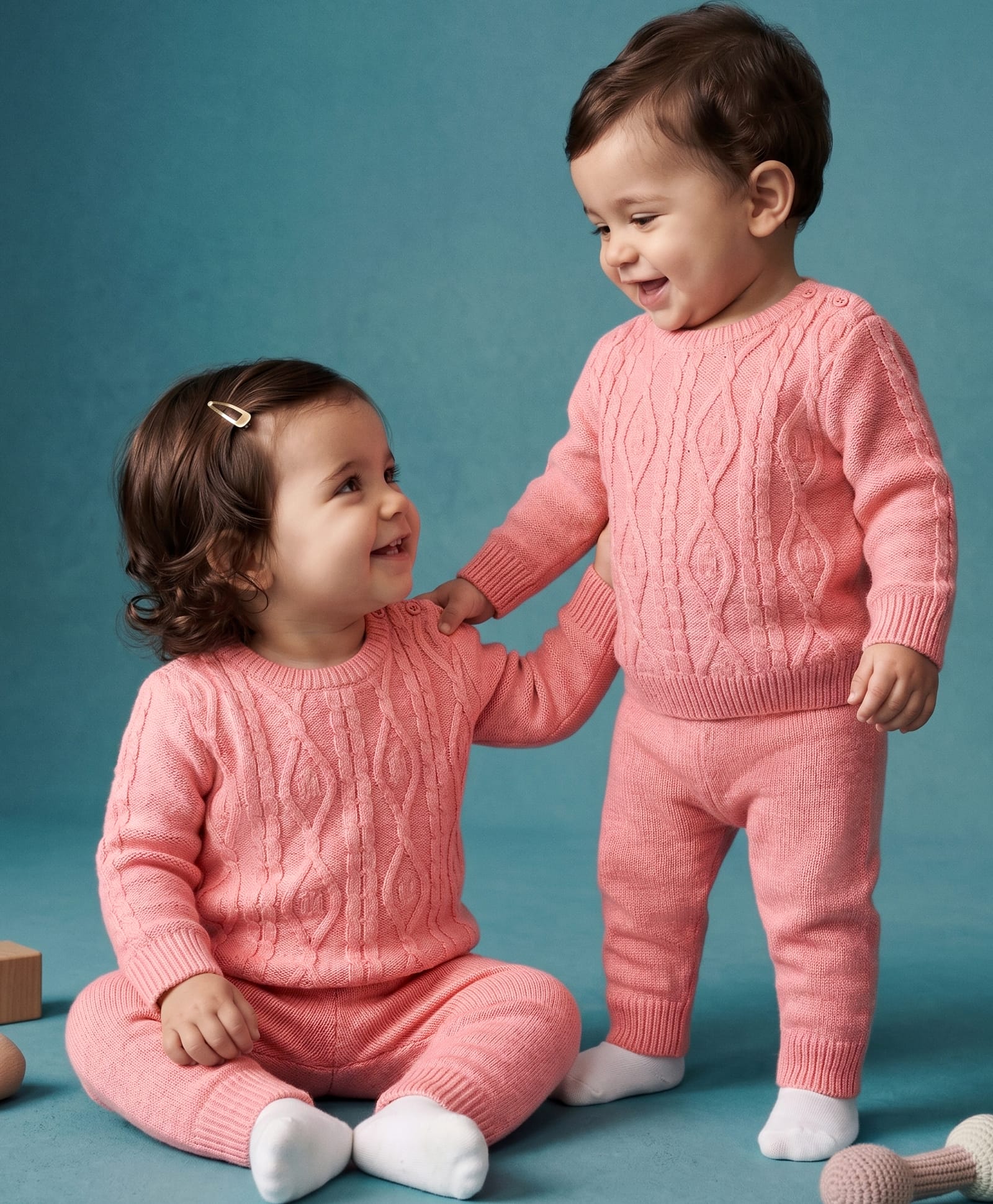 Babyhug Knit Full Sleeves Cable Design Sweater Set - Peach-image-4
