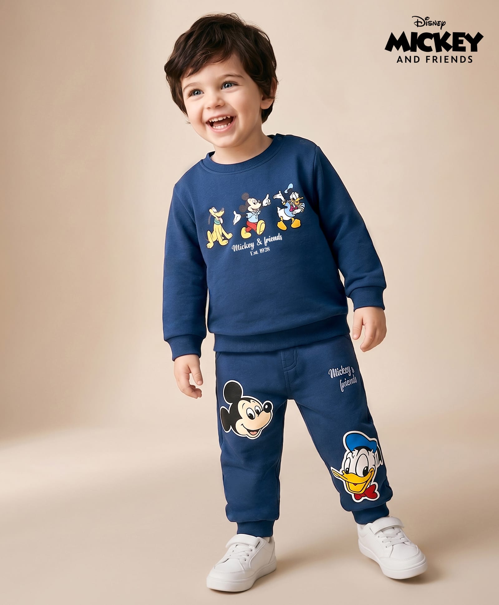 Babyhyug Disney 100% Cotton Terry Knit Full Sleeves T-Shirt & Jogger Set Mickey & Donald Print - Navy Blue-image-23