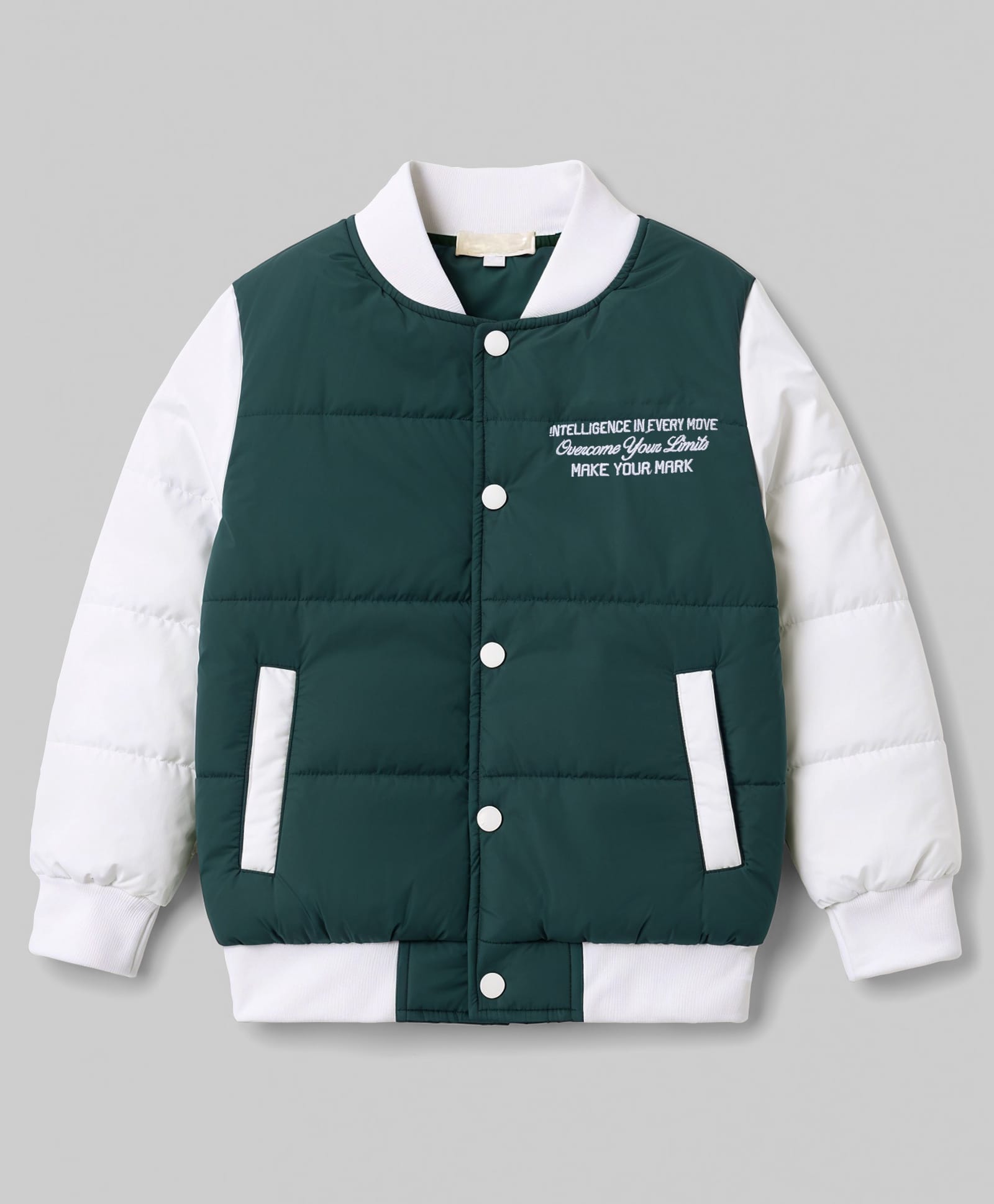 Primo Gino Color Block Bomber Puffer Jacket with Full Sleeves and Basketball Print - Green & White-image-2