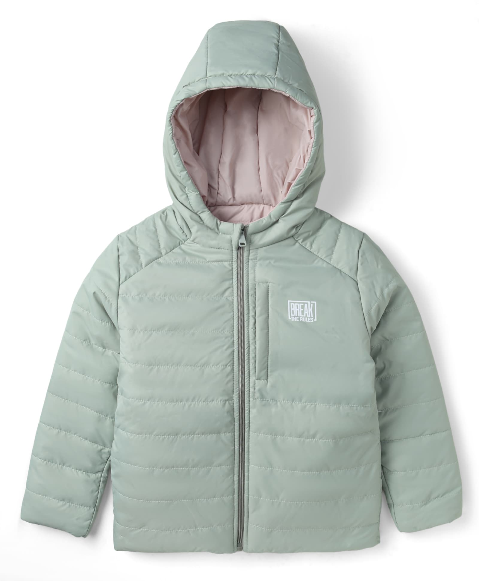 Primo Gino Woven Full Sleeves Hooded Puffer Quilted Reversible Jackets and Break The Rules Text Print - Light Green-image-43