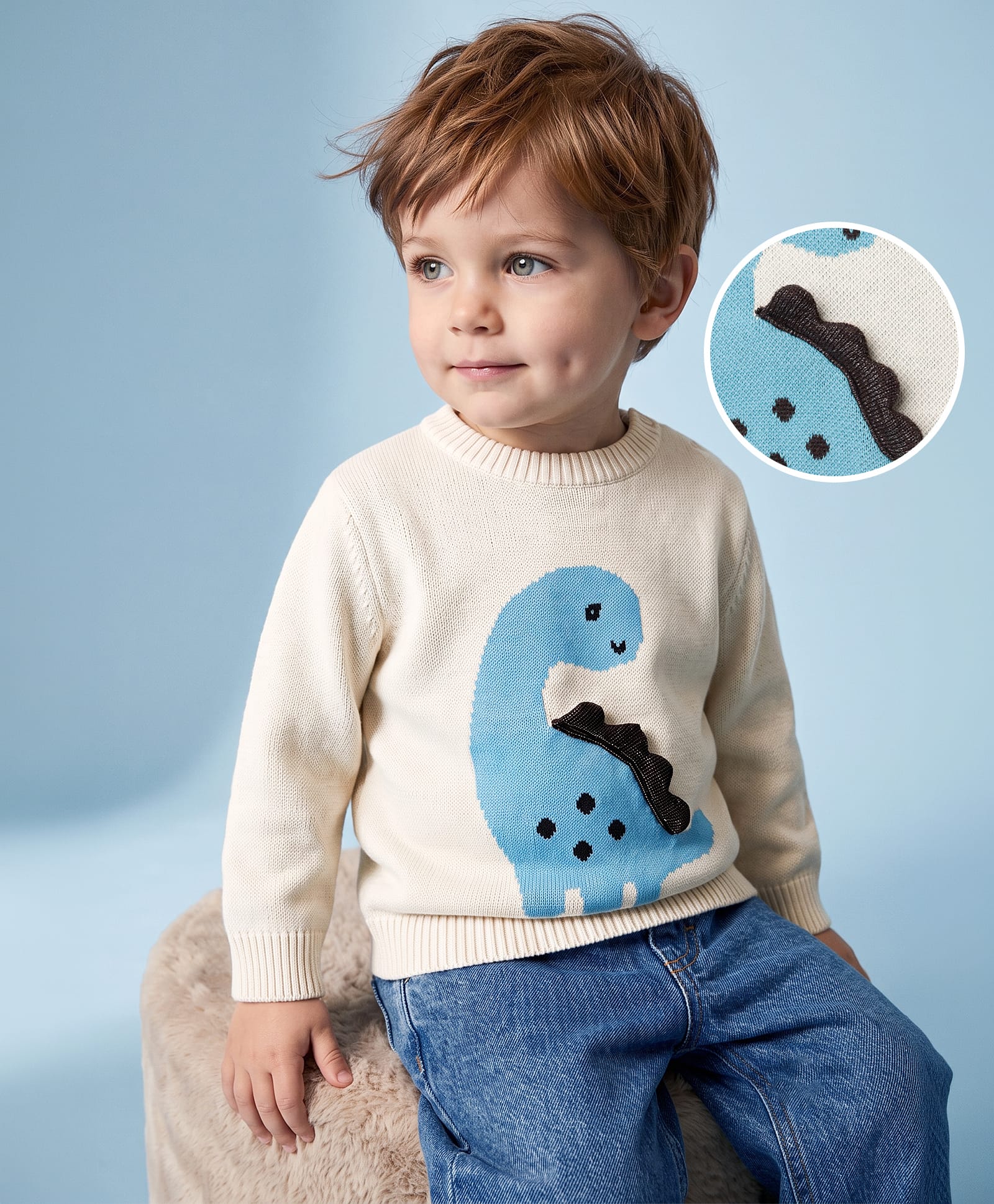 Babyoye 100% Cottton Knit Full Sleeves Pullover Sweater With Dino Design & Applique - OffWhite-picture-7