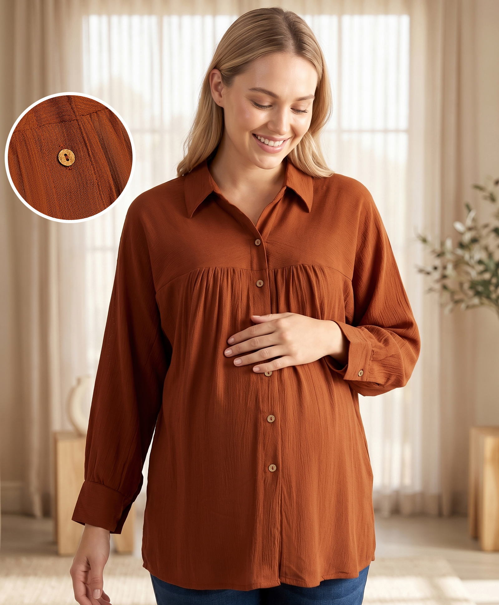Bella Mama Woven Full Sleeves Solid Maternity Top - Brown-picture-27