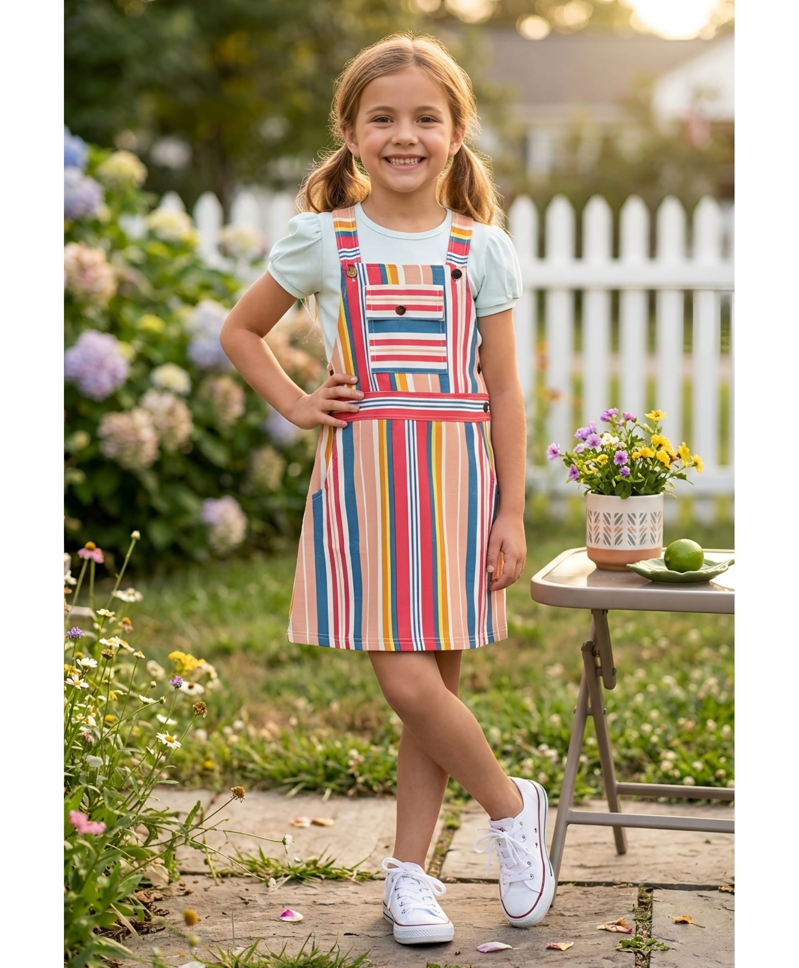Lei-Chie Linen Woven Striped Pinafore Dress With Half Puffed Sleeves Solid Tee - Peach-picture-38