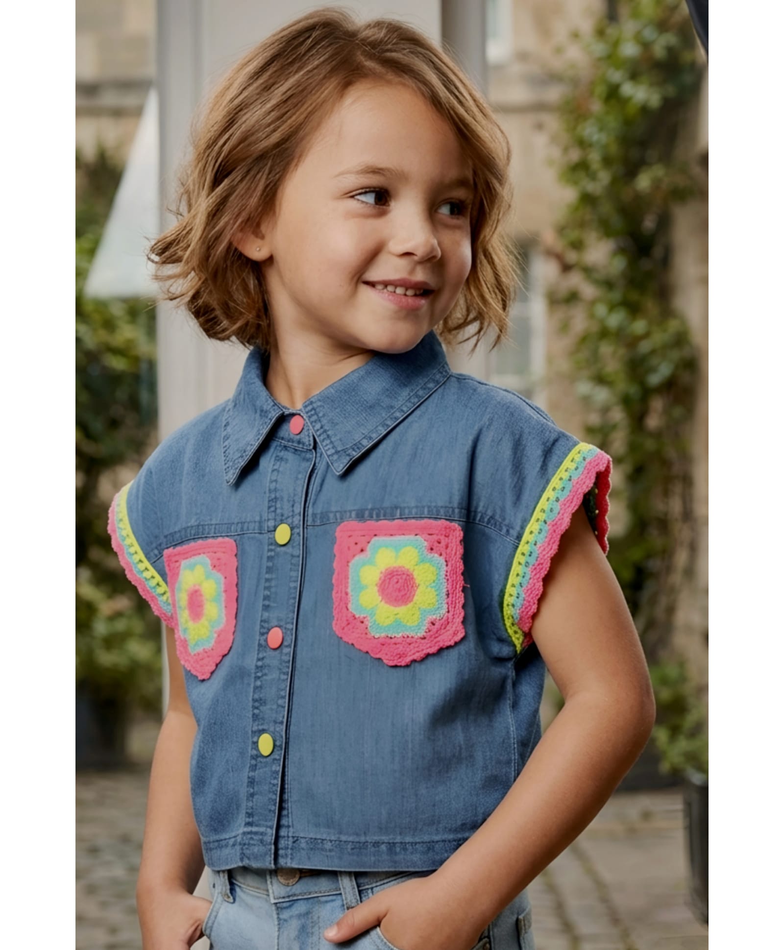 Lei-Chie Denim Woven Half Sleeves Floral Design Crochet Pocket Detailed Top - Light Blue-picture-32